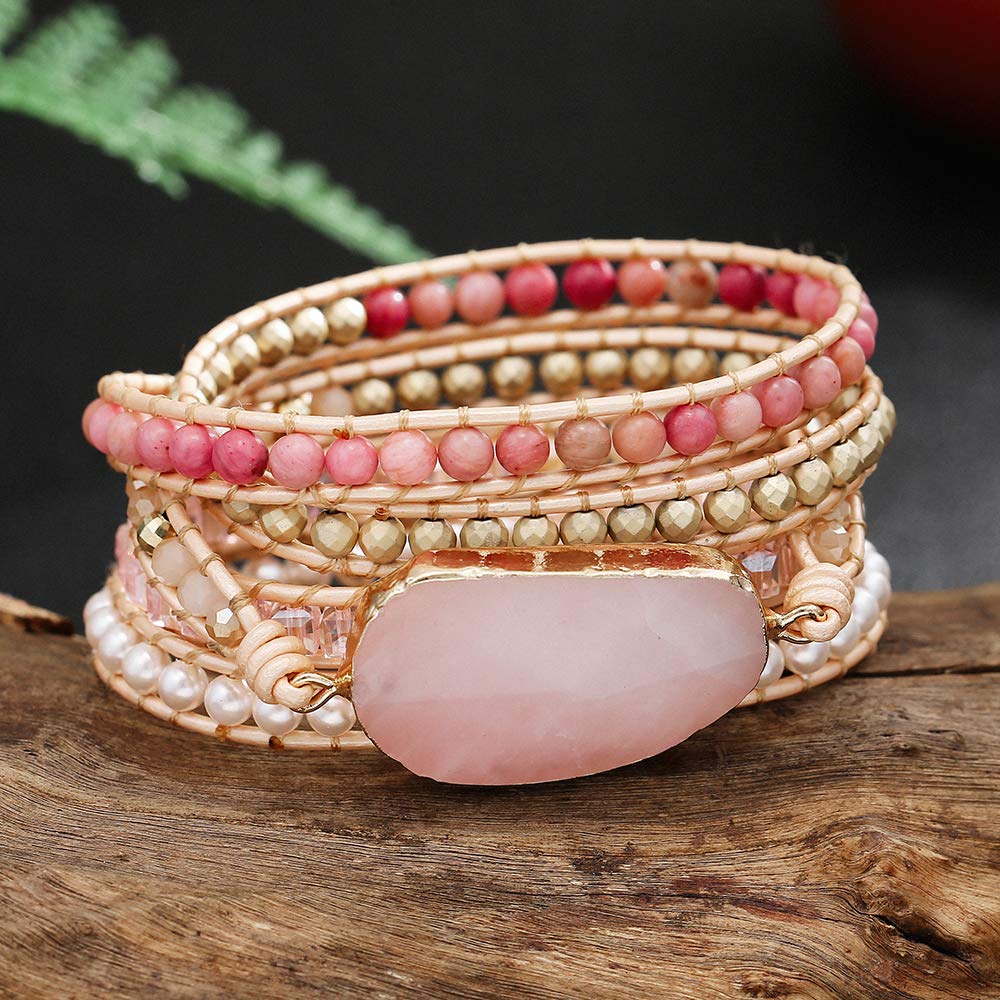 Plumiss Women Rose Quartz Wrap Bracelets Handmade Natural Stone Bead Crystal Hematite Mixed Strand Bracelet Jewelry