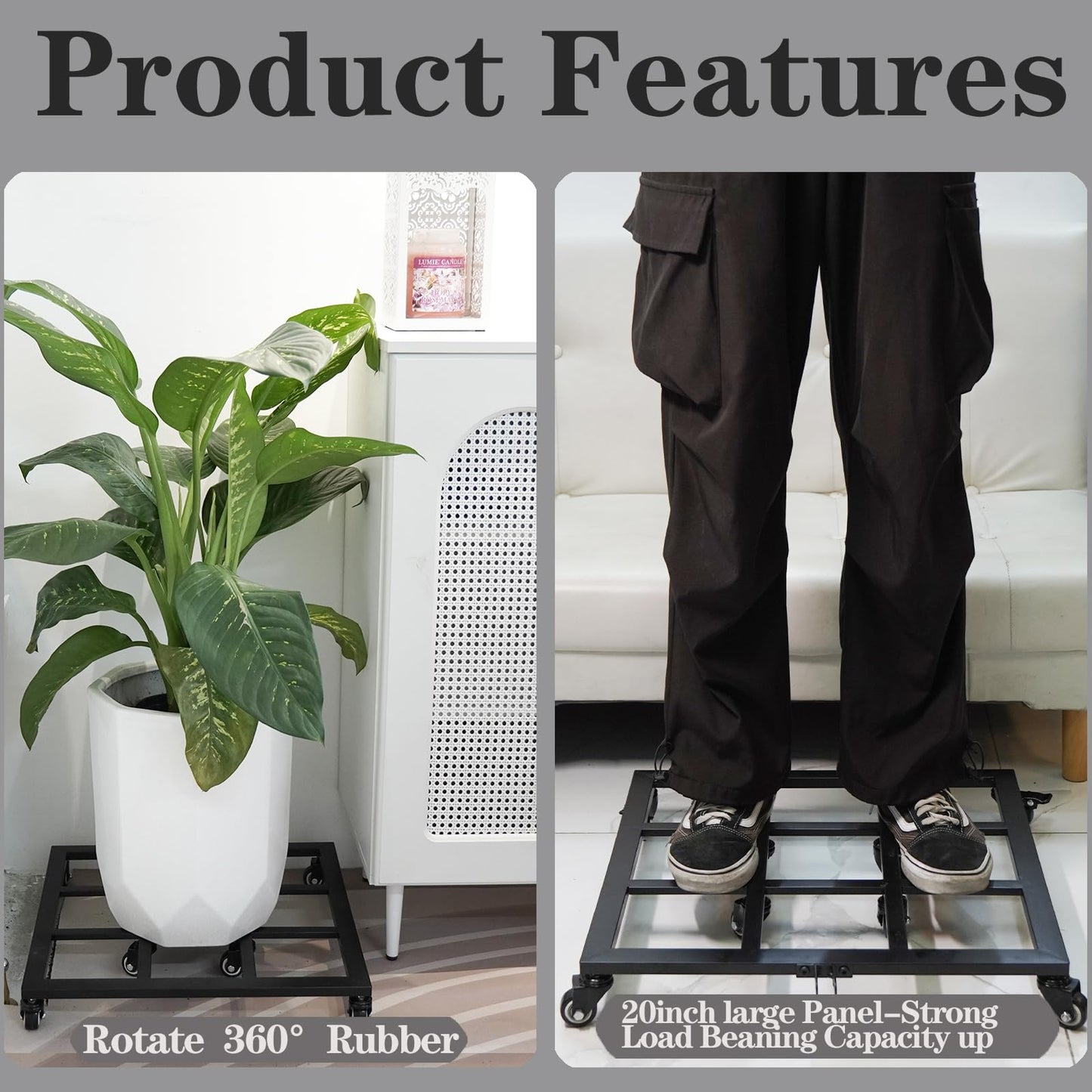 Goooxim 20-Inch Heavy Duty Plant Dolly with Wheels - 360° Swivel Rolling Planter Base for Indoor/Outdoor Use, Supports up to 200lbs, Includes Removable Handle for Effortless Mobility