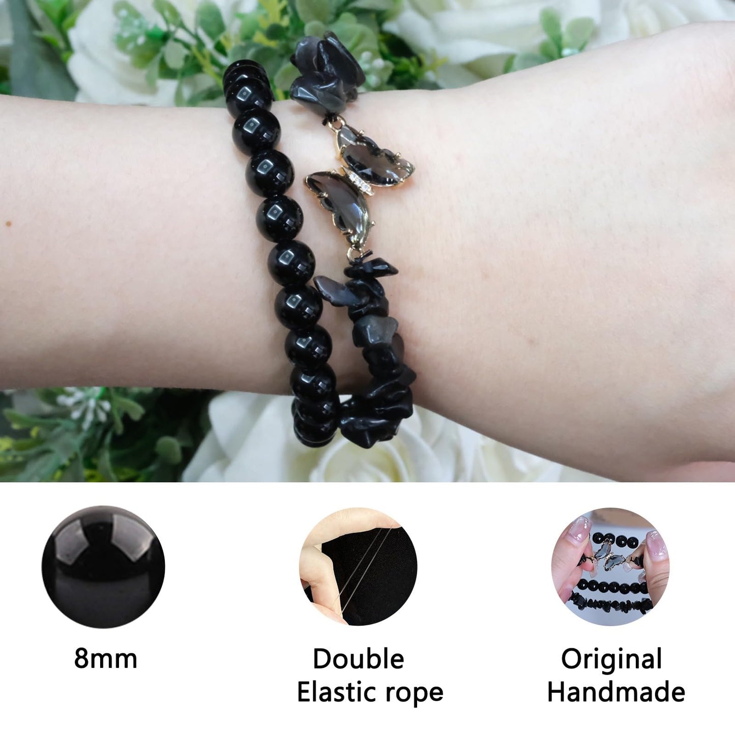 RONYOSTING Black Obsidian Couple Bracelets for Women Men - 8mm Adjustable Healing Stone for Empath Protection&Positive Energy, Handmade Spiritual Jewelry Gifts