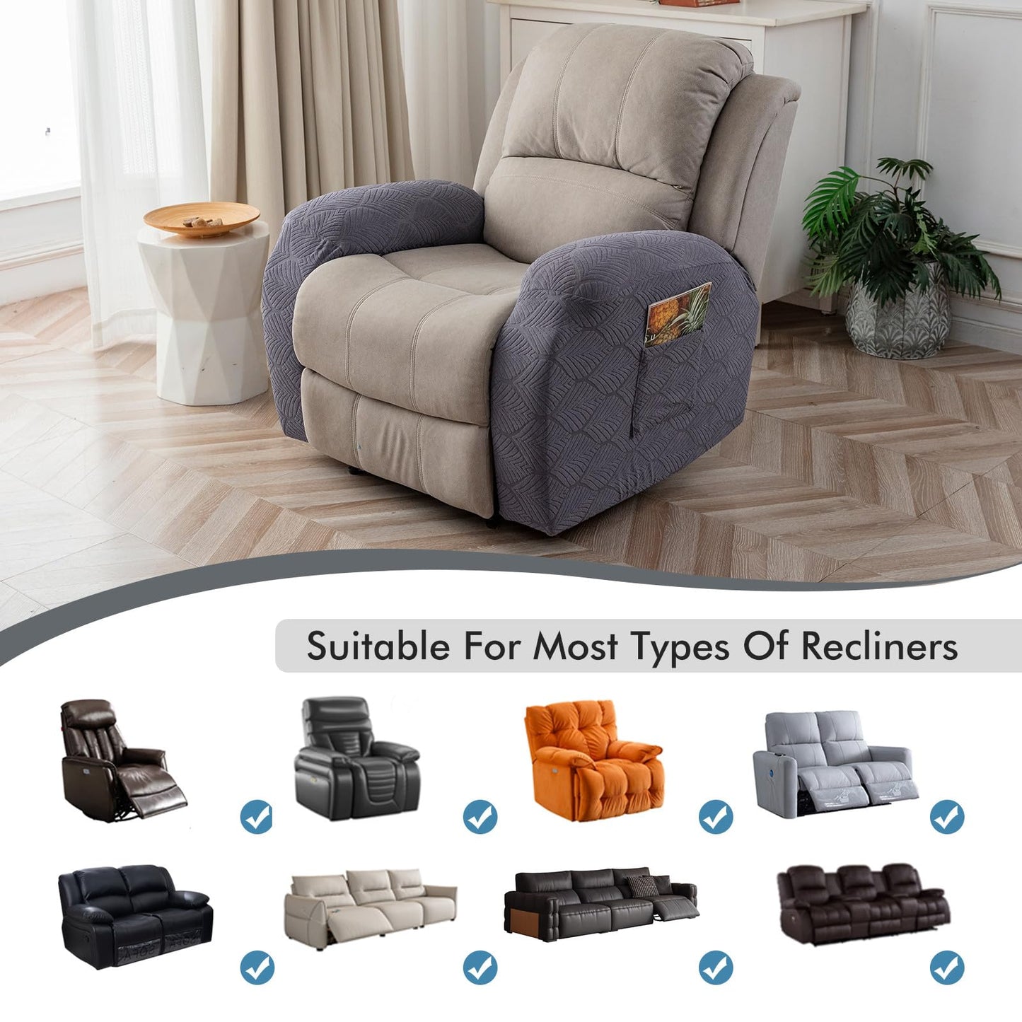 YUEANG 100% Waterproof Armrest Covers for Recliner Sofa, 2 Pieces Stretch Recliner Armrest Slipcovers Washable Couch Arm Covers for Recliners for Pets, Dogs, Kids (Dark Gray, Armrest Covers)
