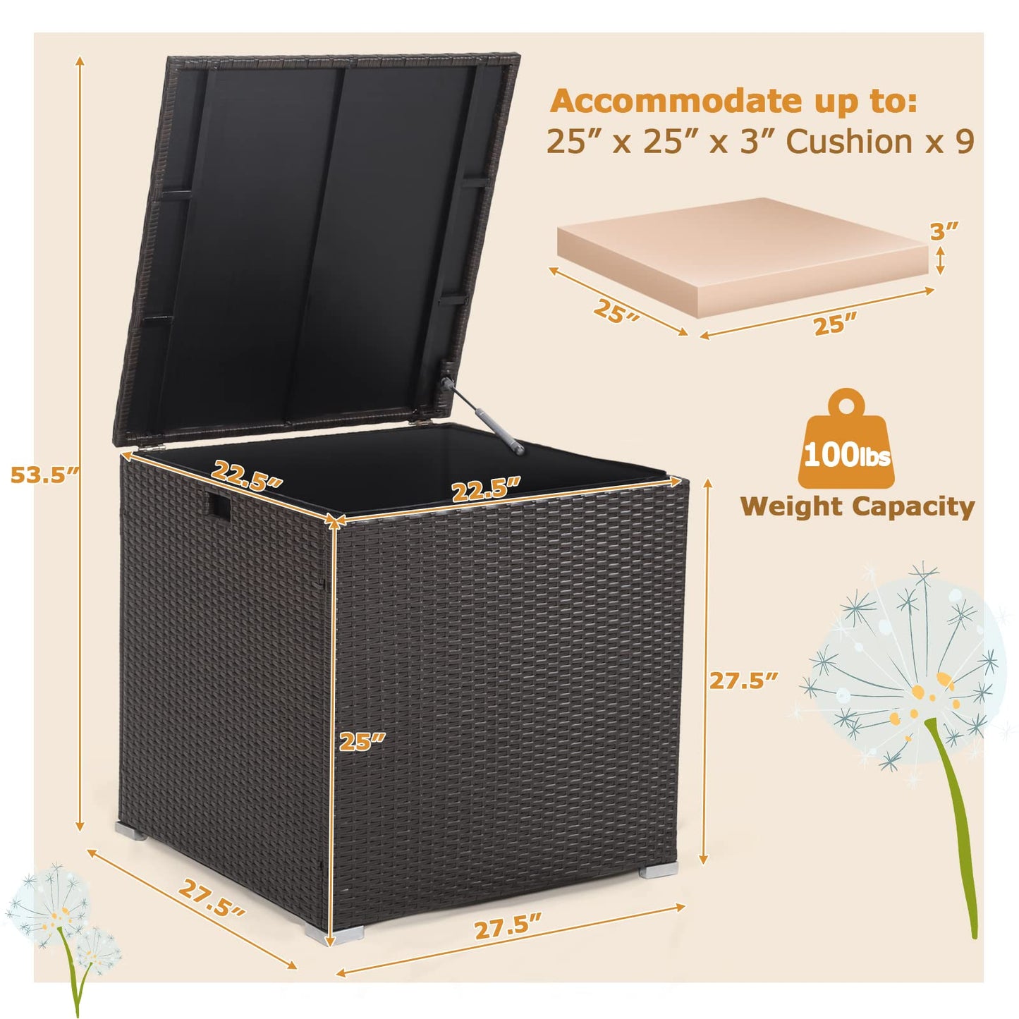 Tangkula 72 Gallon Square Deck Box, Patio Mix Brown Rattan Storage Container w/Zippered Liner & Solid Pneumatic Rod, Sturdy L-Shaped Aluminum Feet, Outdoor Wicker Deck Box for Front Porch, Backyard