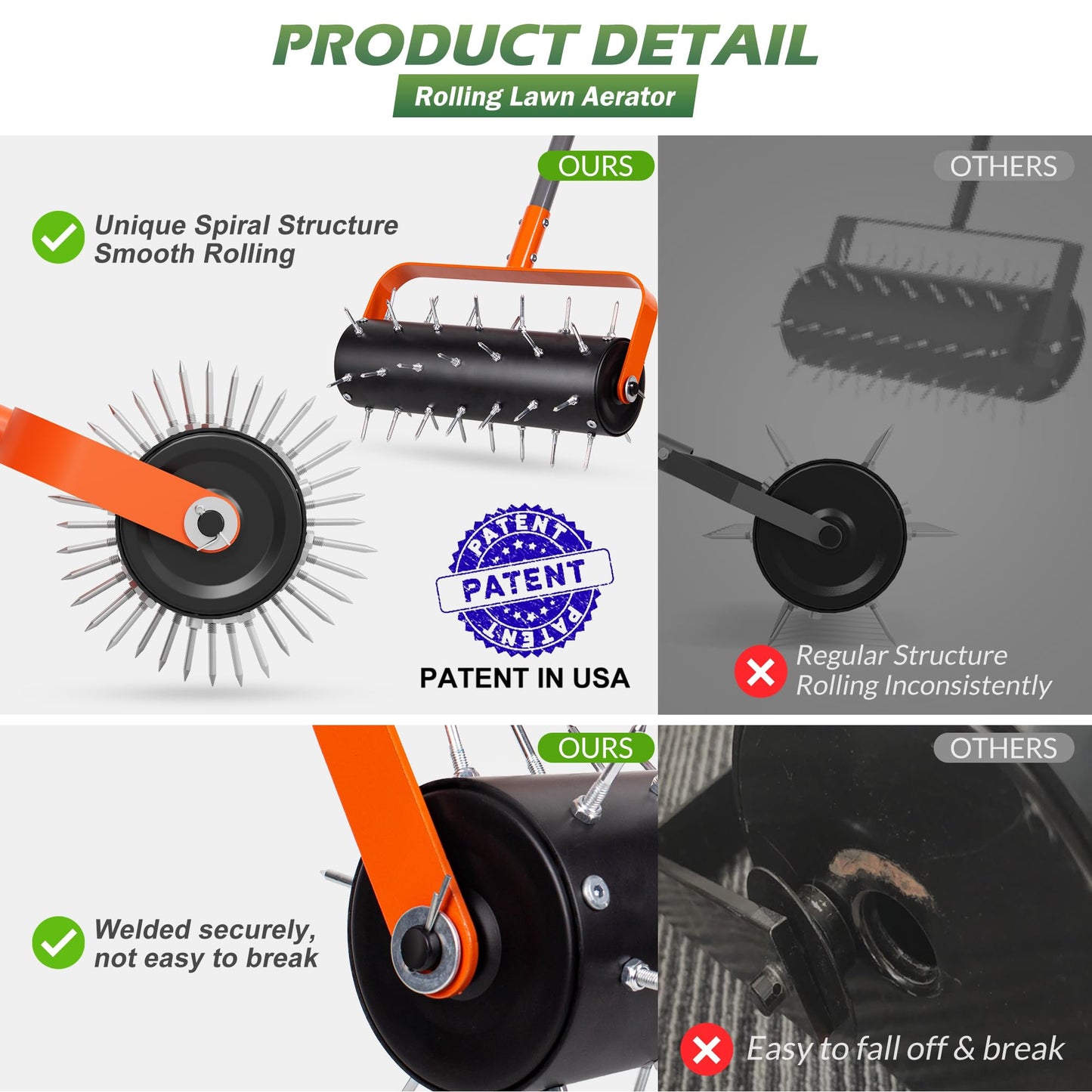 Walensee Rolling Lawn Aerator, Heavy Duty Manual Aerator Tool with 42 Spikes, Lawn Spike Aerator Roller with 71" Adjustable Handle, Soil Penetrator Push Lawn Aeration for Garden Yard Patio