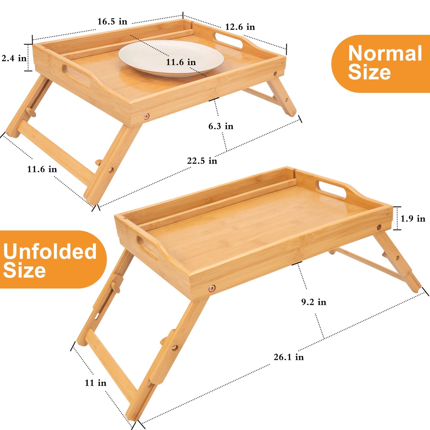 Greenual 2 Pack Bed Tray Table with Handles Folding Legs, Bamboo Breakfast Food Tray with Media Slot, Use As Platter, Laptop Desk, Snack, TV Tray Kitchen Serving Tray(Natural)