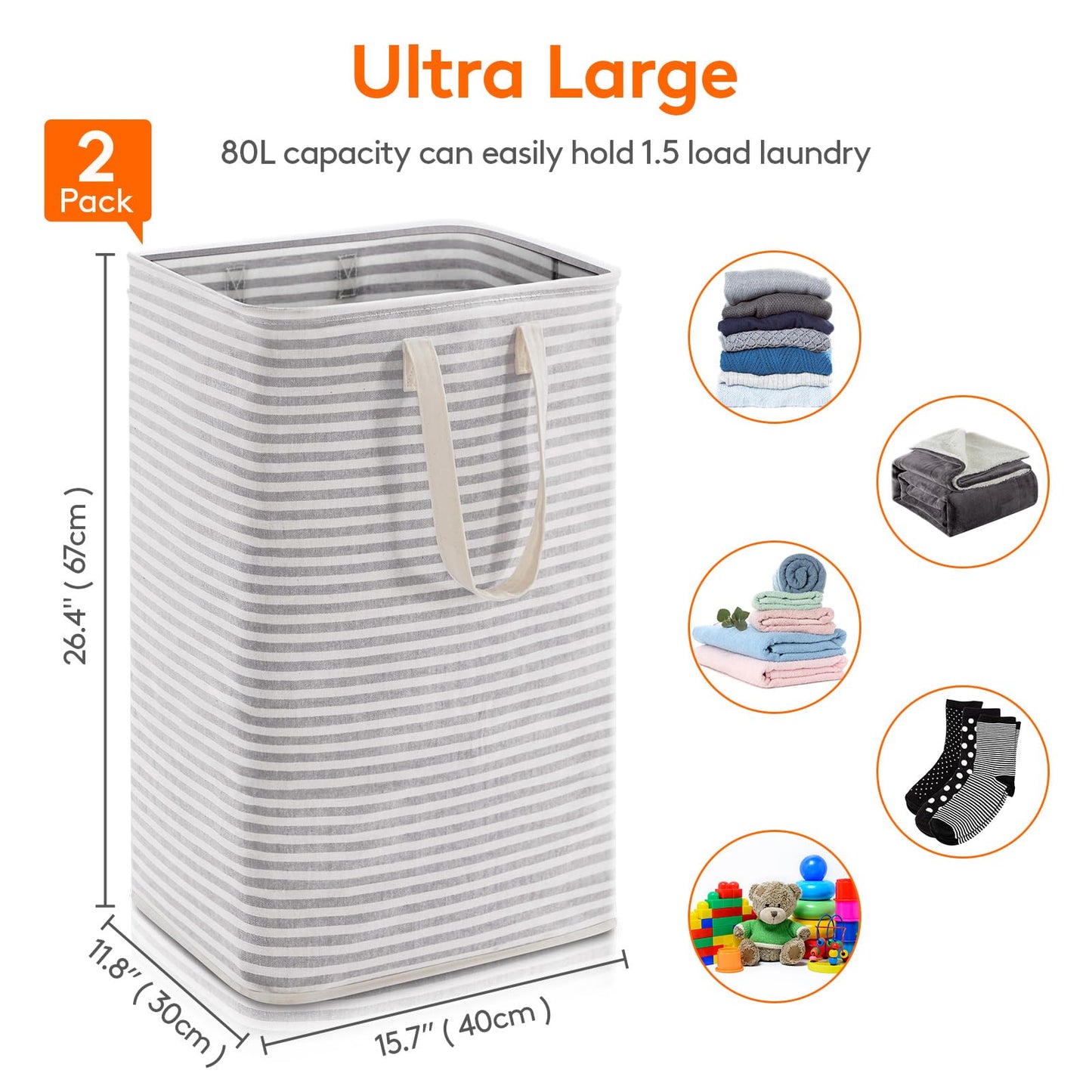Lifewit 2 Pack Laundry Basket 80L Each, Collapsible Clothes Hamper with Reinforced Handles, Freestanding Waterproof Design for Bedroom and Laundry Room, Grey 160L Total