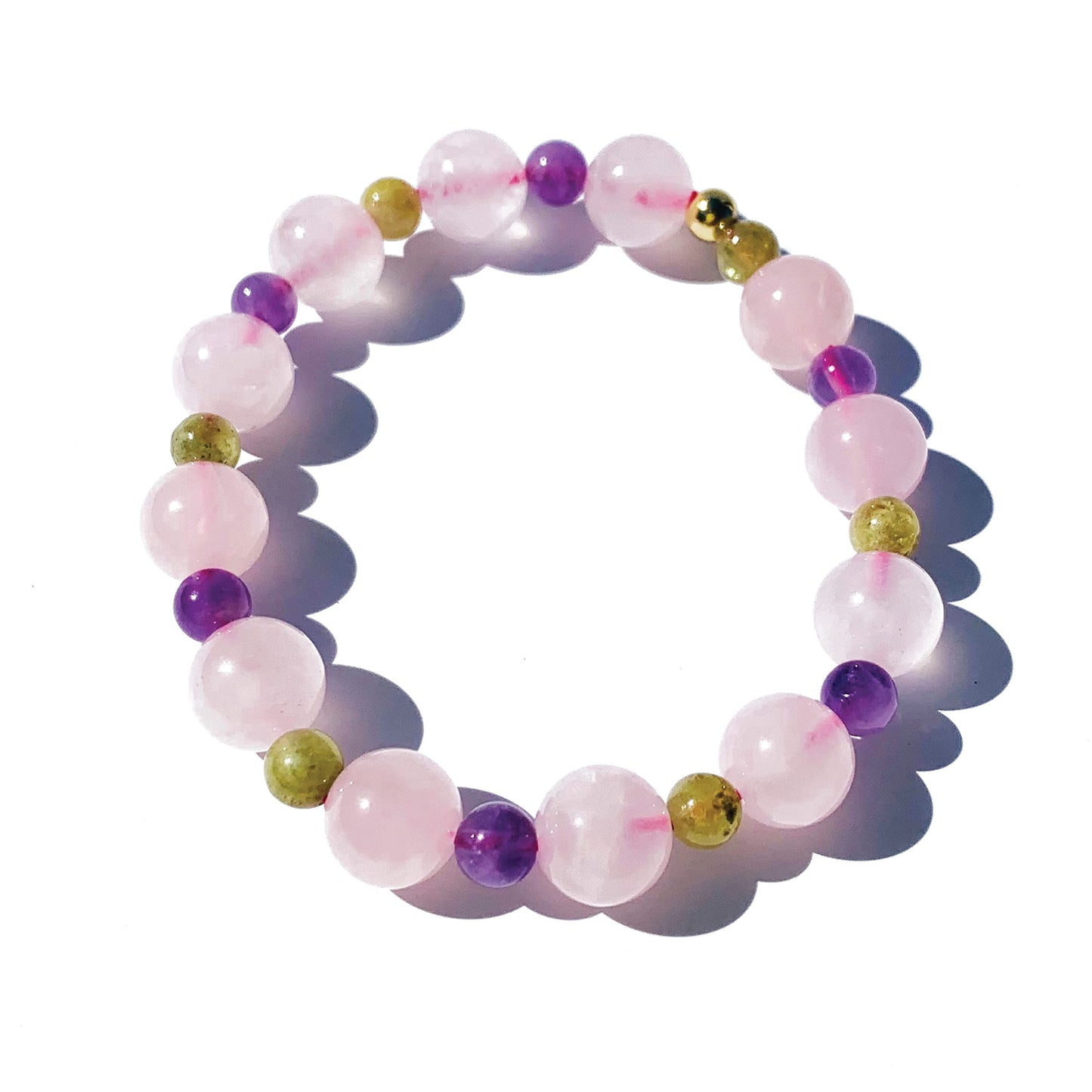 Joyfulmuze Rose Quartz Amethyst Peridot Stretch Bracelet, Natural Energy Crystal Stone Beads, Handmade Gift for Women Men, (Amethyst-Rose Quartz-Peridot)