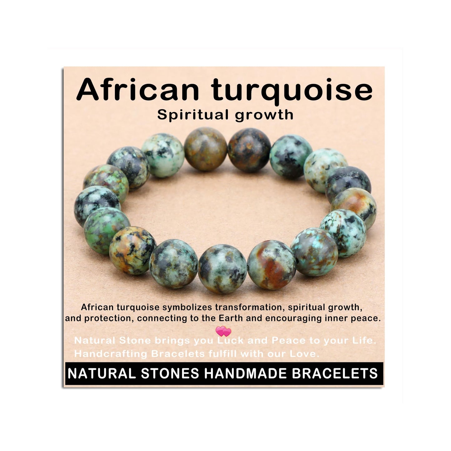 AD Beads Handmade Gemstone Stretch Elastic Bracelet Crystal Healing Reiki Nature's Beauty and Spiritual Essence Unisex (12mm, African Turquoise (Spiritual growth))