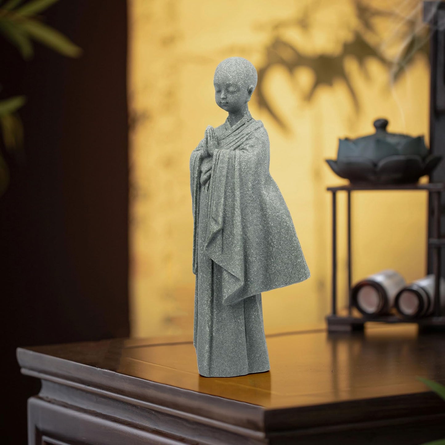 BEIZHAN Stone Buddha Statue for Home, Meditating Monk Statue with Praying Hands, Exquisite Asian Zen Decor for Home/Office (5.3 Inch)