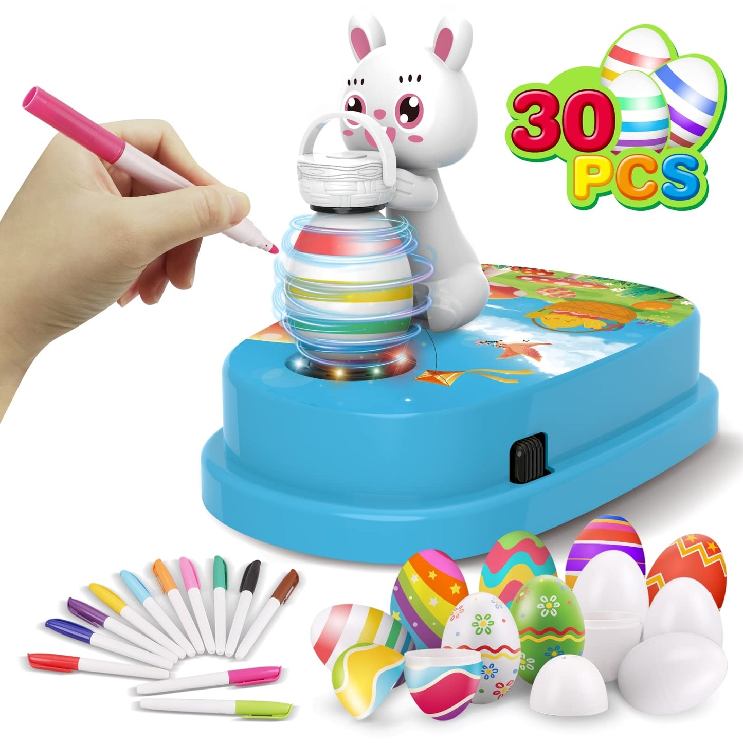 Engfa Easter Egg Decorating Kit with 30 Pcs Eggs and 12 Dying Markers Spinner, Easter Gifts for Kids Bunny Decorating Machine Craft Activities for Boys Girls (Blue)