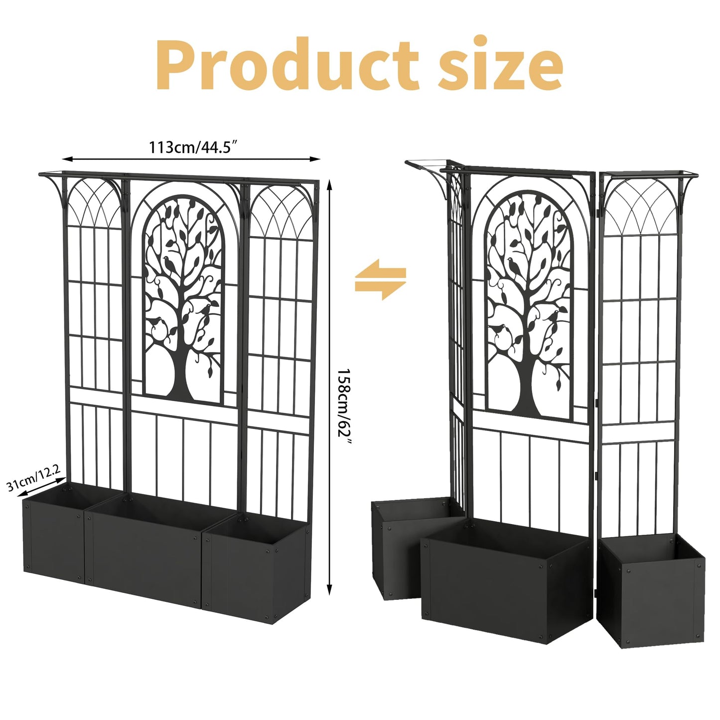 Athuiline Metal Planter Box with Trellis, Raised Garden Bed with Trellis Privacy Screen, 62 inch Tall Planter Boxes for Climbing Plants, Flowers, Vegetables, Fruits, Balcony and Patio Decor (Black)