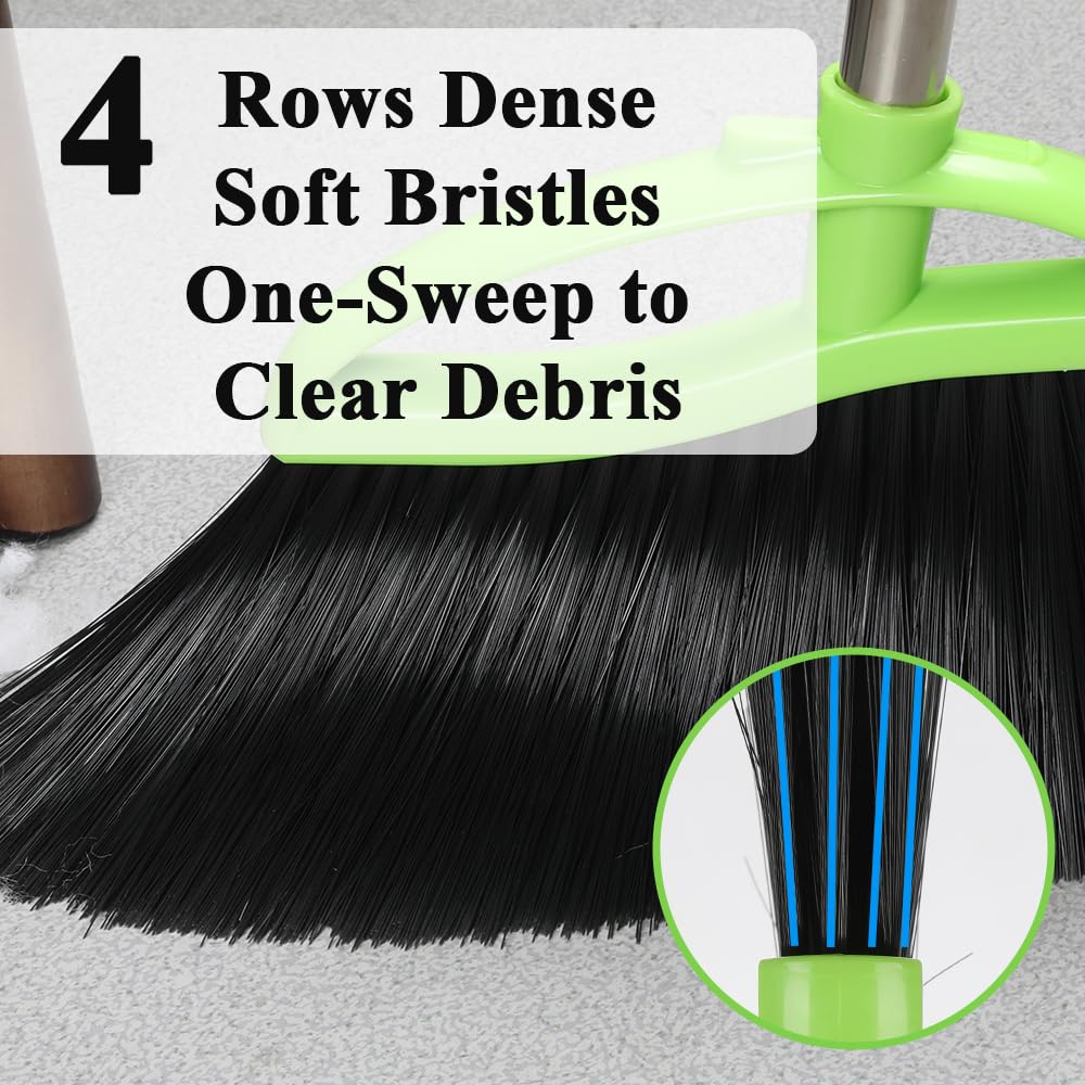 Chanhoo 3 Pack Soft Bristle Angle Broom for Floors - Wide Indoor Heavy Duty Broom with 38"-53.5" Adjustable Handle, Kitchen & Restaurant Use for Hardwood, Porch (Gray, Yellow, Green)