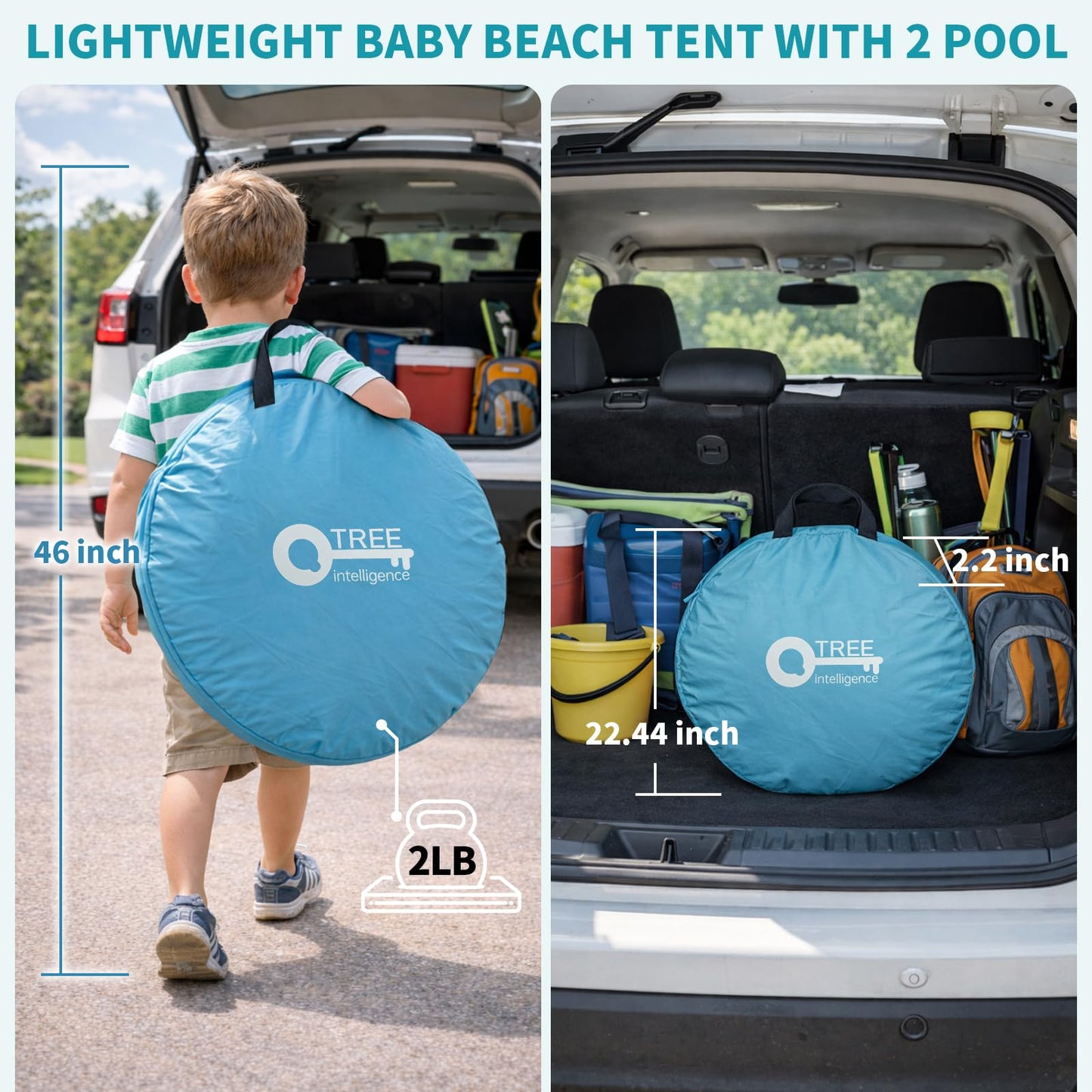 QTREE intelligence 2-IN-1 Baby Beach Tent with 2 Pool for 2 kids,74.8*41.7*35.4 inch UV Protection Sun Shelter Pop Up Play Canopy, Easy setup portable tent for Beach,Camping,Picnic,Poolside,Indoor