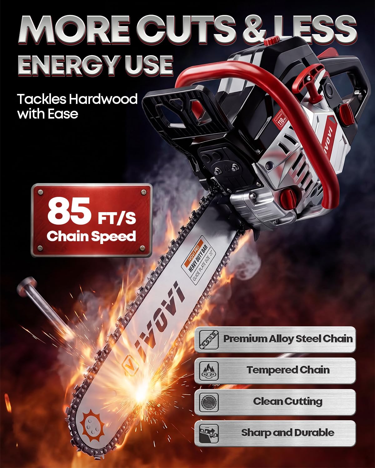 IVOVI 63CC Gas Powered Chainsaw with 20 and 18 Inch Bars, 3.7HP 2-Cycle Engine for Tree Felling, Logging and Firewood Preparation, Includes Portable Carrying Pouch and Tool Kit (Silver Black)