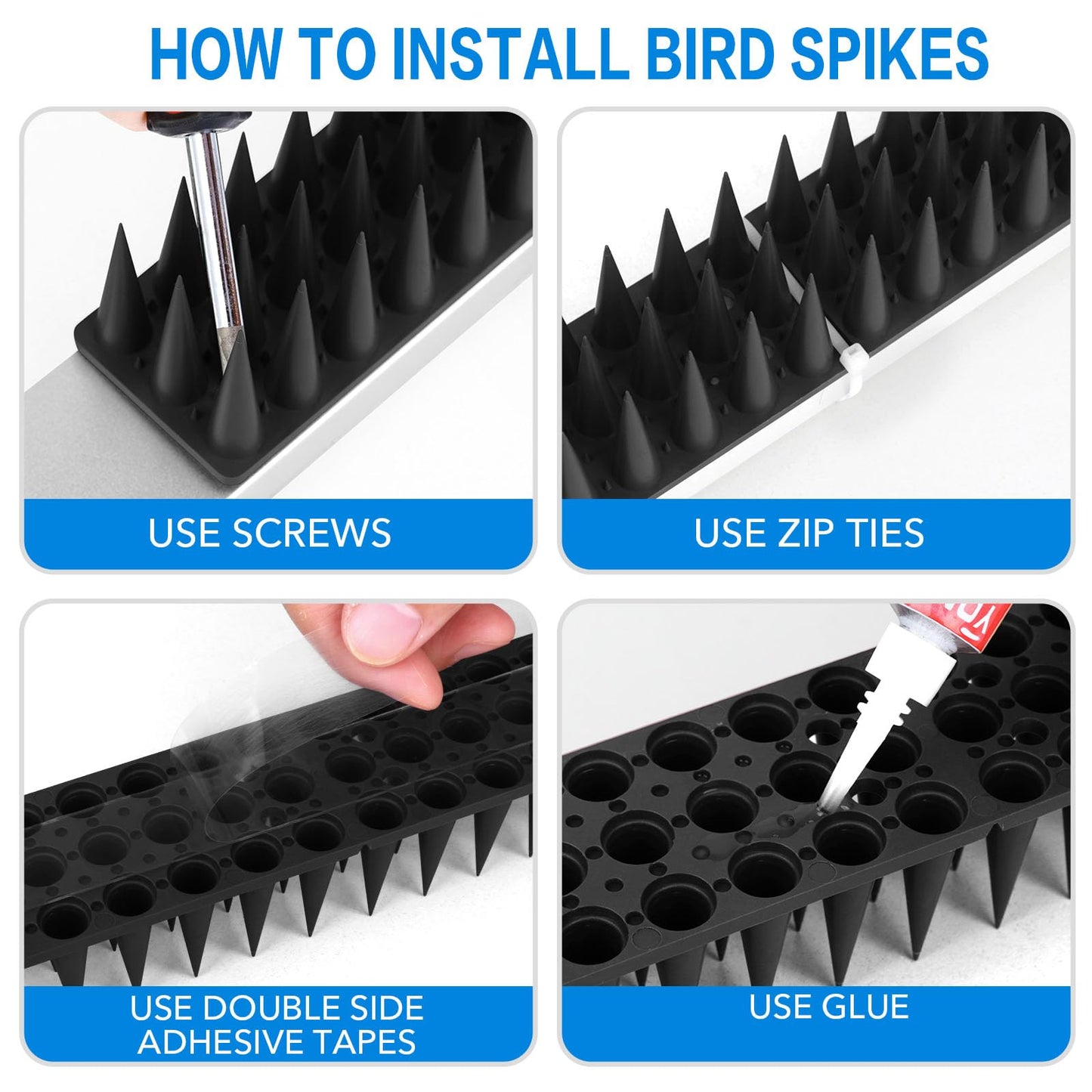 BORHOOD Bird Spikes, 40 Pack Pigeon Deterrent for Small Birds Raccoon Cats Defender for Outside to Keep Squirrel Away, Plastic Fence Spike for Railing and Roof-Black