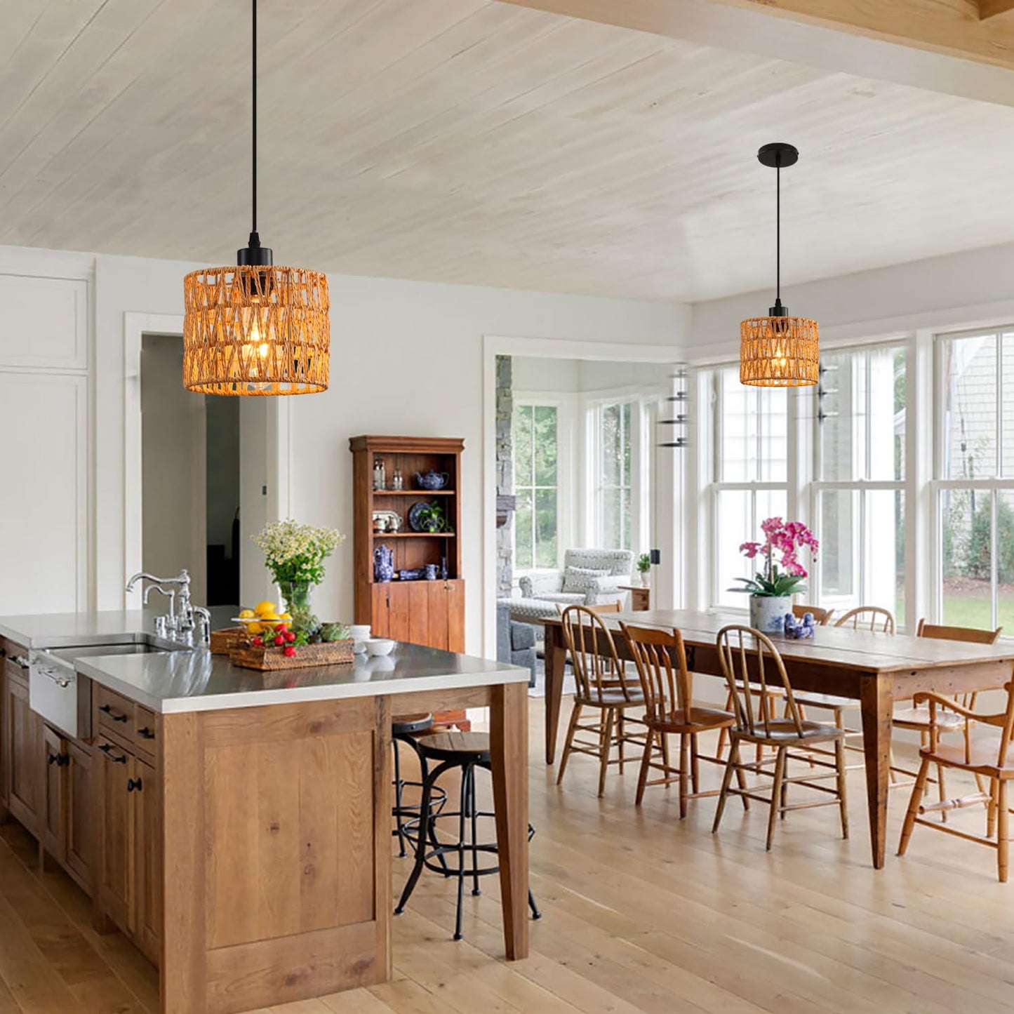 KENMI Woven Pendant Light Boho Chandelier, Rattan Pendant Lights Kitchen Island, Farmhouse Pendant Lighting with Hand Woven Wicker Shade, Boho Chandelier Light Fixtures Ceiling Hanging Light