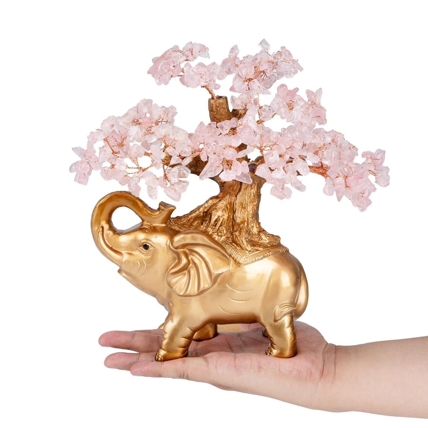 GEMBOURY Rose Quartz Crystal Money Tree on Gold Mini Elephant Statue, 10”Gemstone Bonsai Tree of Life Home Décor Gifts for Wealth Positive Energy, Feng Shui Décor