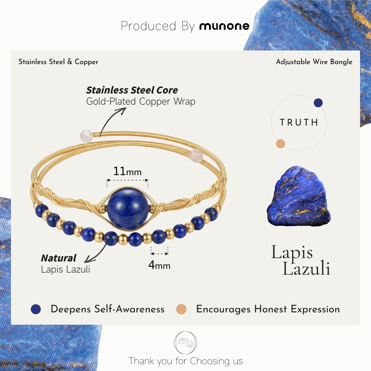 munone Lapis Lazuli Crystal Bangle Bracelet for Women,14K Gold Plated Adjustable Wire Wrapped Double Layer Cuff Bracelets,Healing Crystal Beads Gifts