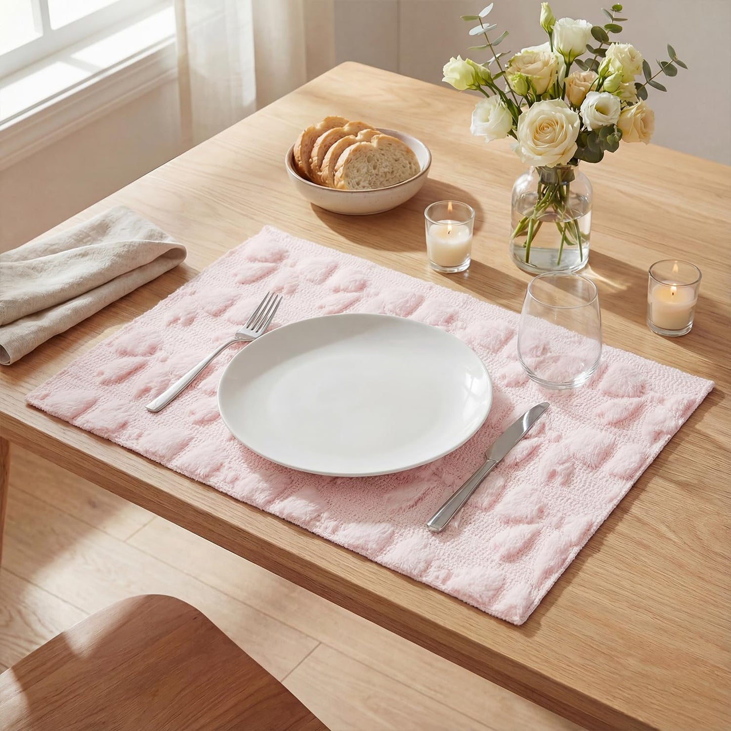 Artoid Mode Pink Bows Spring Placemats Set of 4, 12x18 Inch Soft Plush Faux Fur Wool Holiday Table Mats for Party Kitchen Dining Decoration