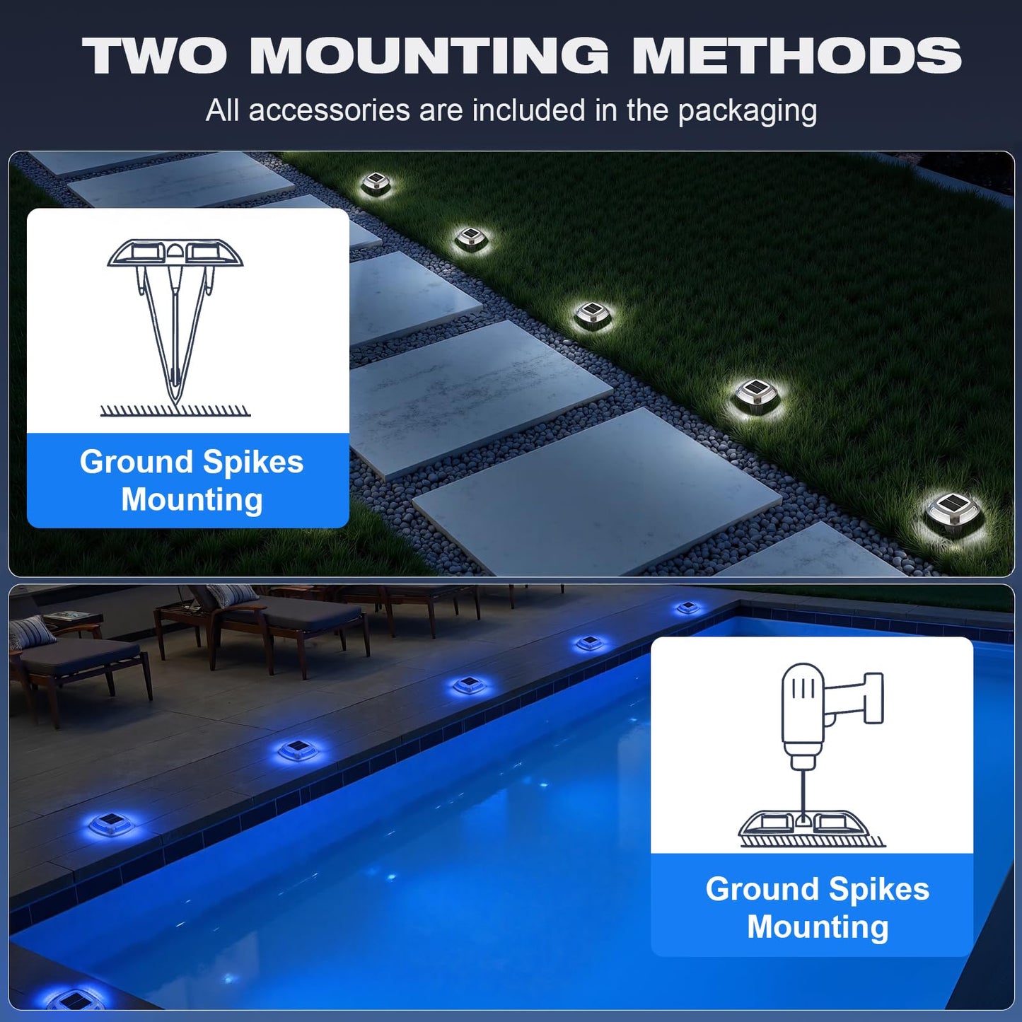 VOLISUN Solar Driveway Lights 12 Pack Waterproof Dock & Deck Marker Lights,2-in-1 Blue & White LED,IP67 Wireless Outdoor Solar Light for Driveways,Sidewalks,Pathways,and Yards
