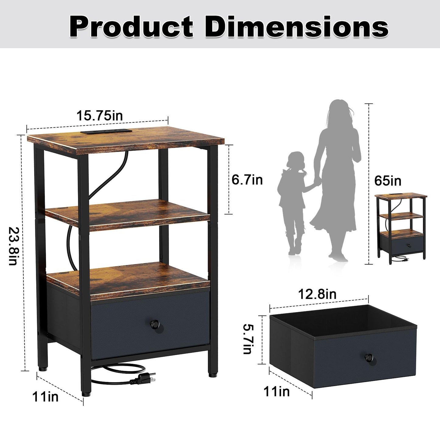 Tensirock Side Table with Charging Station, Nightstand with Adjustable Fabric Drawer, Bedside Table for Bedrooms, Living Rooms & Home Decor (Brown Black)