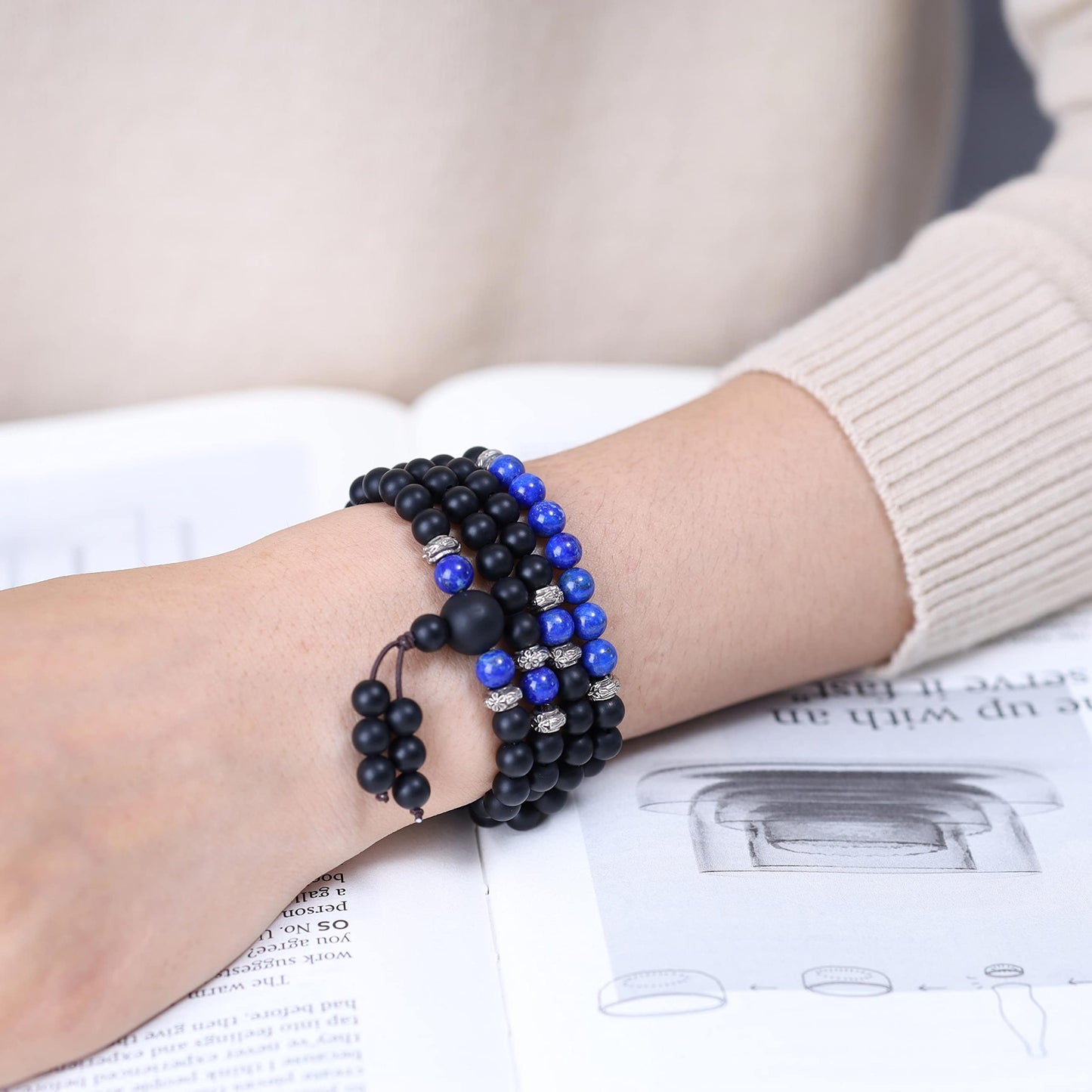 AmorWing Chakra Stones Matte Onyx Lapis Lazuli 108 Mala Beads Wrap Bracelet Necklace