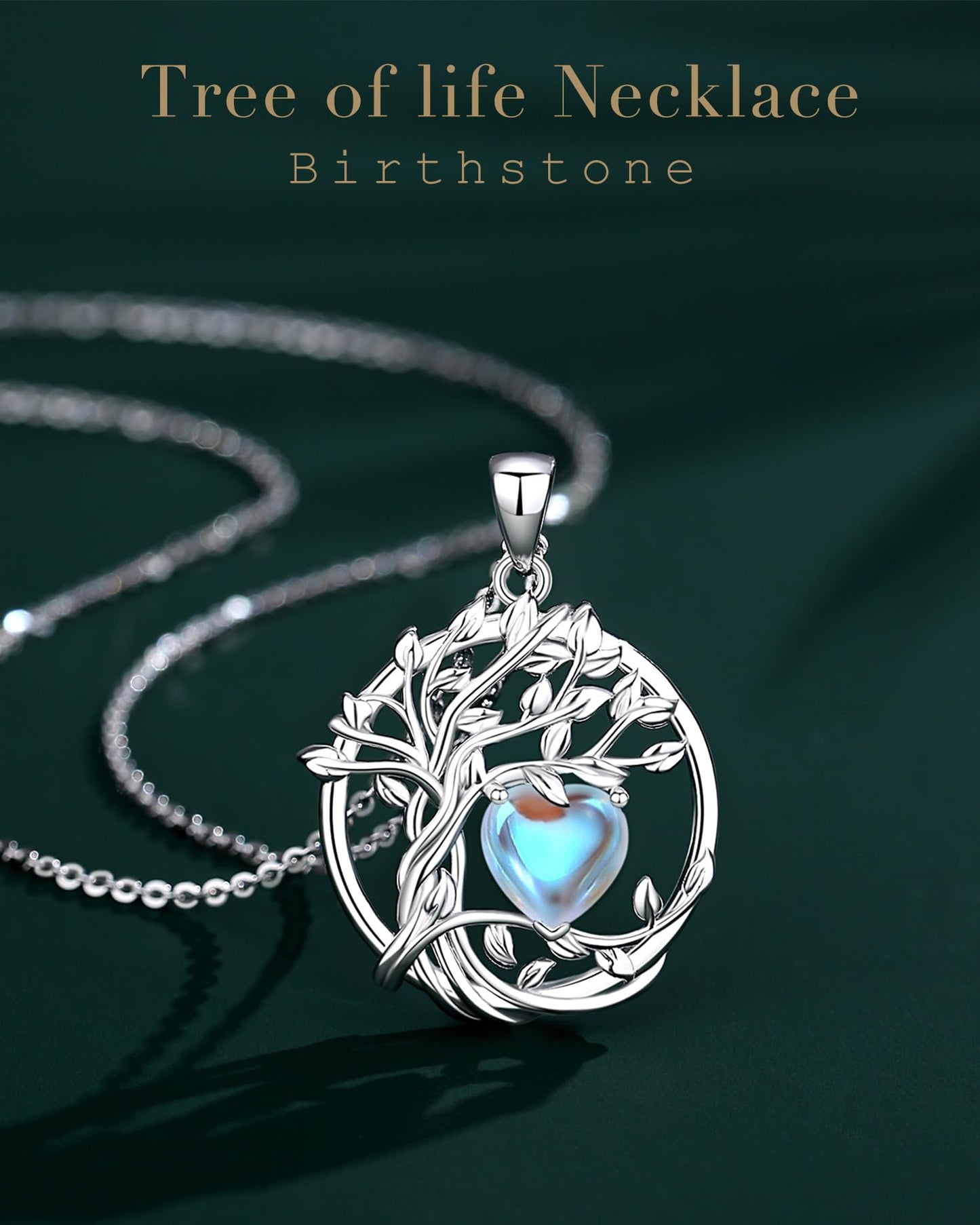 FANCIME Tree of life June Birthstone necklace for women Sterling Silver Tree Jewelry Moonstone Pendant Rainbow Gemstone Anniversary Birthday Christmas Gifts for Wife Mom Her