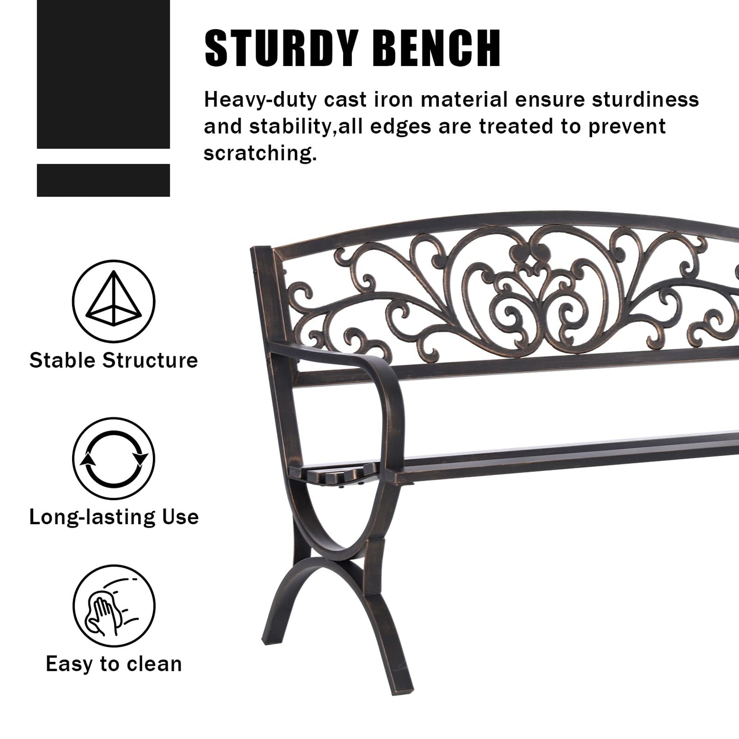 MFSTUDIO 50 Inches Outdoor Garden Bench, Cast Iron Metal Frame Patio Park Bench with Floral Pattern Backrest, Arch Legs for Porch, Lawn, Yard-Bronze