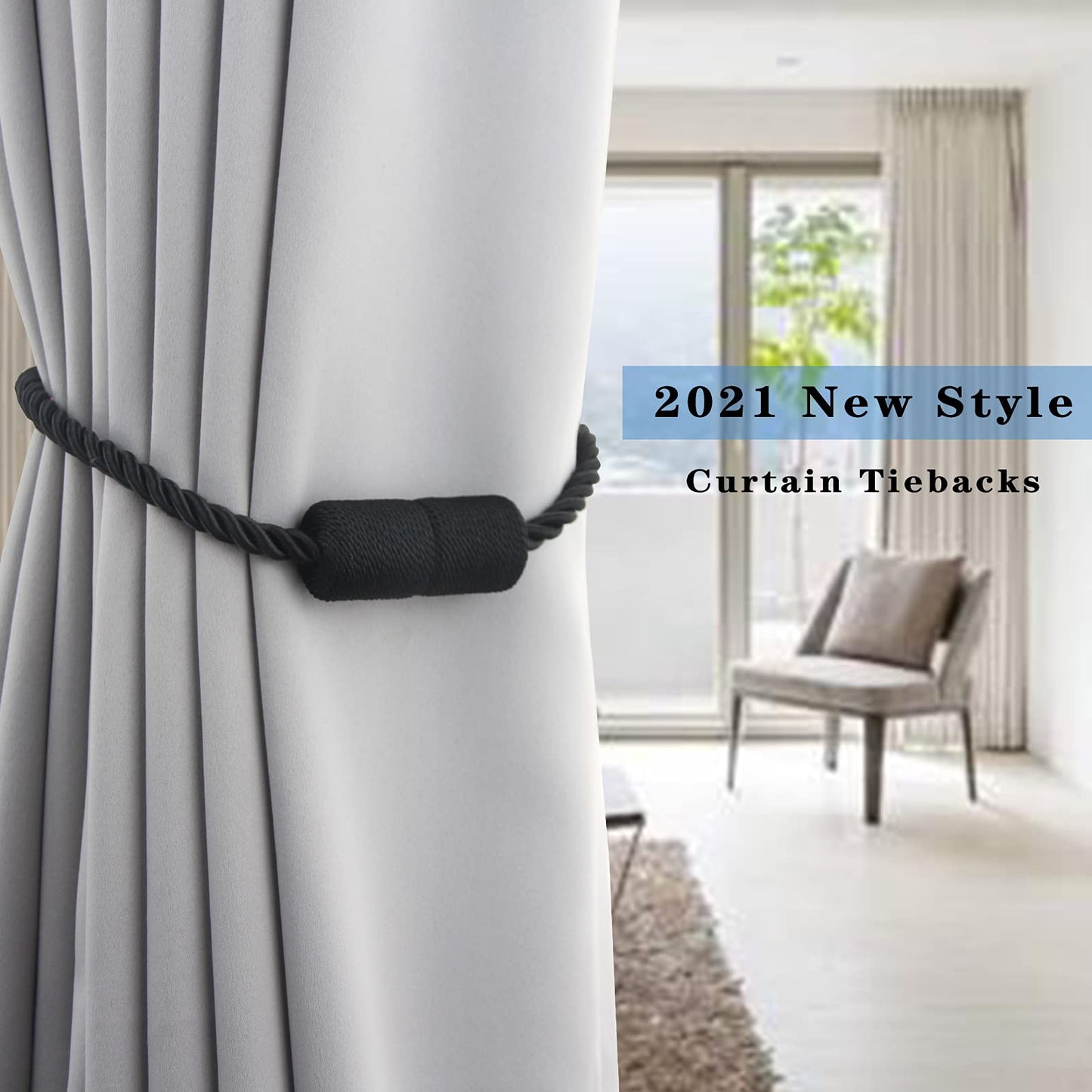 Porlau 2 Pack Black Strong Magnetic Curtain Tiebacks Outdoor Elegant Decorative Tie Backs Modern Rope Tiebacks for Drapes Window Curtain Holdbacks for Draperies
