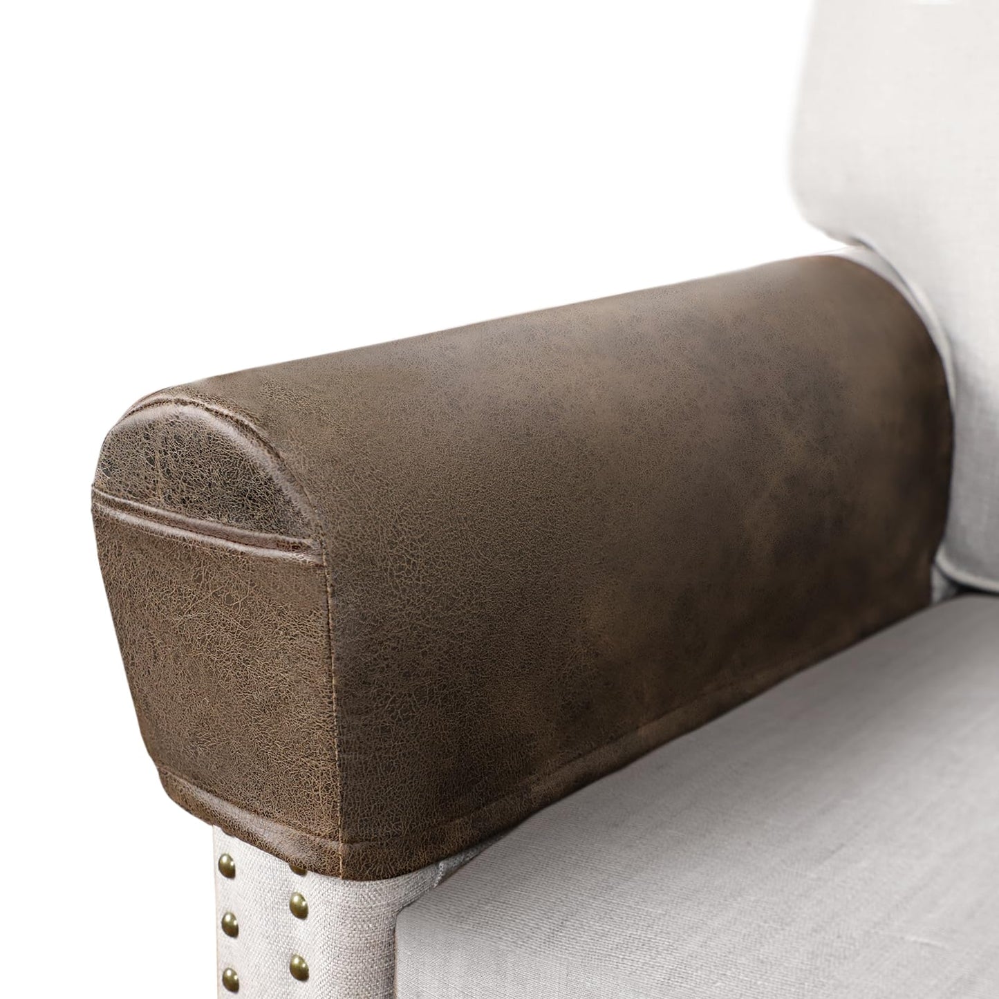 ANARACHON Leather Look Couch Arm Covers Set of 2 Armrest Covers for Sofa Chair Arm Protectors Stretch Armchair Slipcovers with Pockets Washable Spandex Fabric (Medium, Brown)