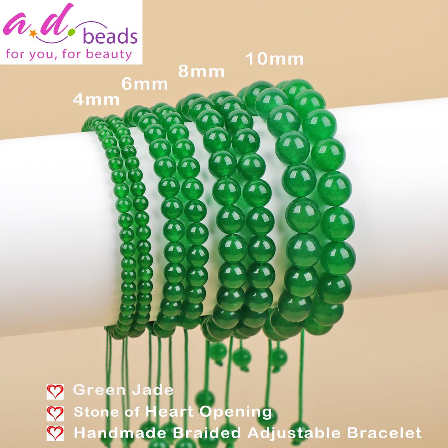 AD Beads 8mm Green Jade Bracelet - Stone of Heart Opening - Handmade Natural Stone Crystal Bracelet with Adjustable Macrame String - Yoga Healing Power Energy Gifts for Men and Women