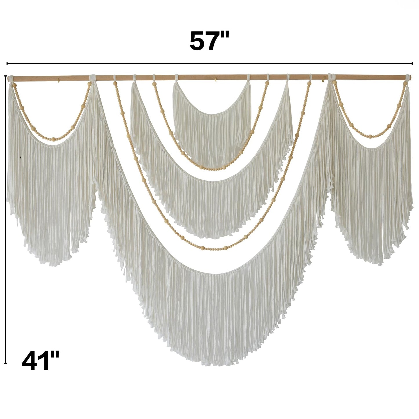 Flber Large Macrame Wall Hanging – Boho Yarn Art Garland with Tassels and Beads, Handmade Rope Decor for Nursery, Party, Wedding, Bedroom, Fireplace Mantel, or Photo Backdrop 57" W x 41" L