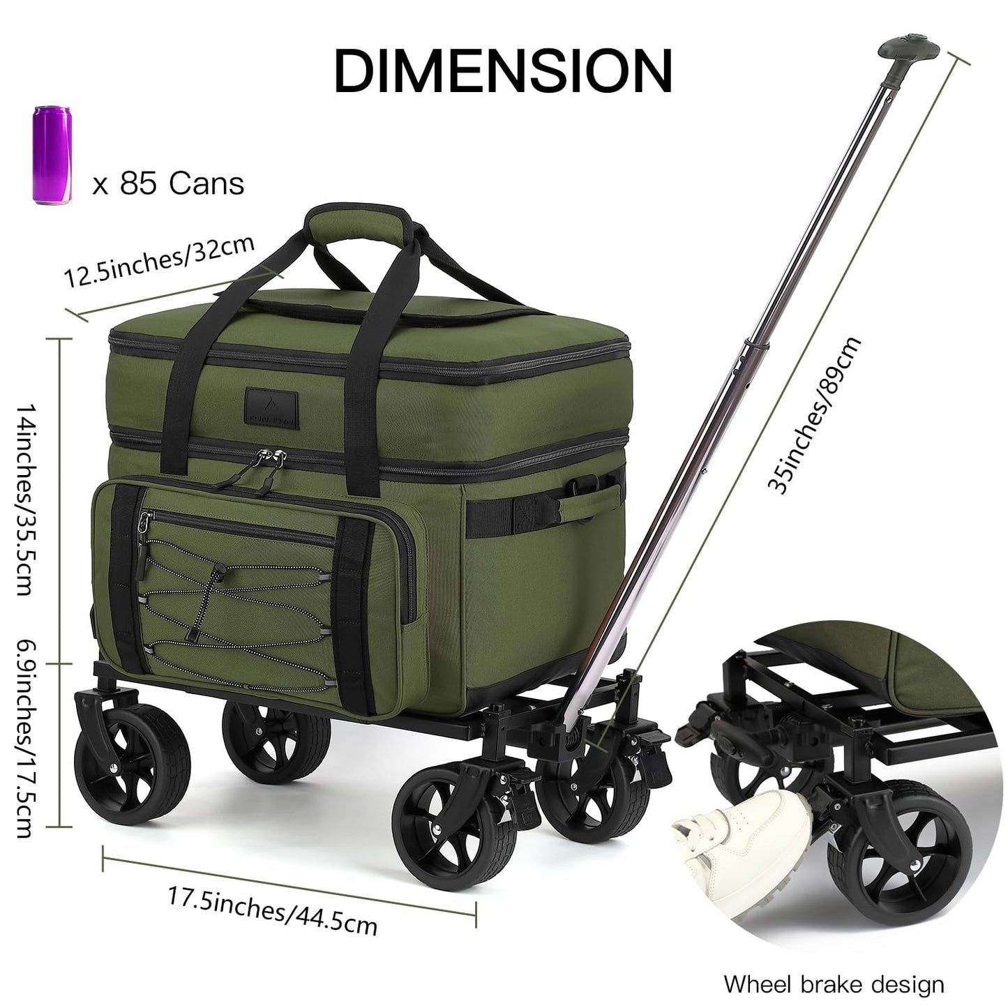 Extra Large Wheeled Portable Cooler Bag 85 Cans Double Deck Heavy Duty Rolling Insulated Cooler with All-Terrain Wheels Leakproof Tactical Soft Sided Cooler for Beach Camping Picnic Travel, Green