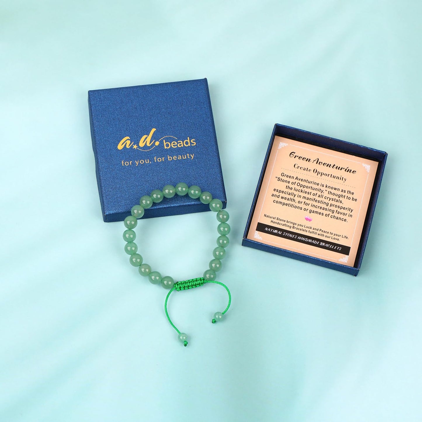 AD Beads 8mm Green Aventurine Bracelet - Stone of Create Opportunity - Handmade Natural Stone Crystal Bracelet with Adjustable Macrame String - Yoga Healing Power Energy Gifts for Men and Women