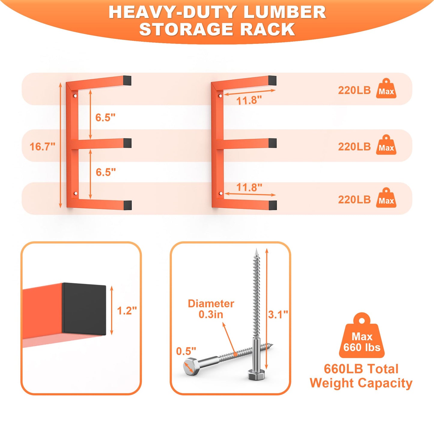 Ultrawall Lumber Storage Rack Wall Mount Wood Storage Racks, Metal Wood Organizer Racks for Shed, Workshop, Garage, Holds Up 220 LBS Per Level (Pack of 4, Orange)