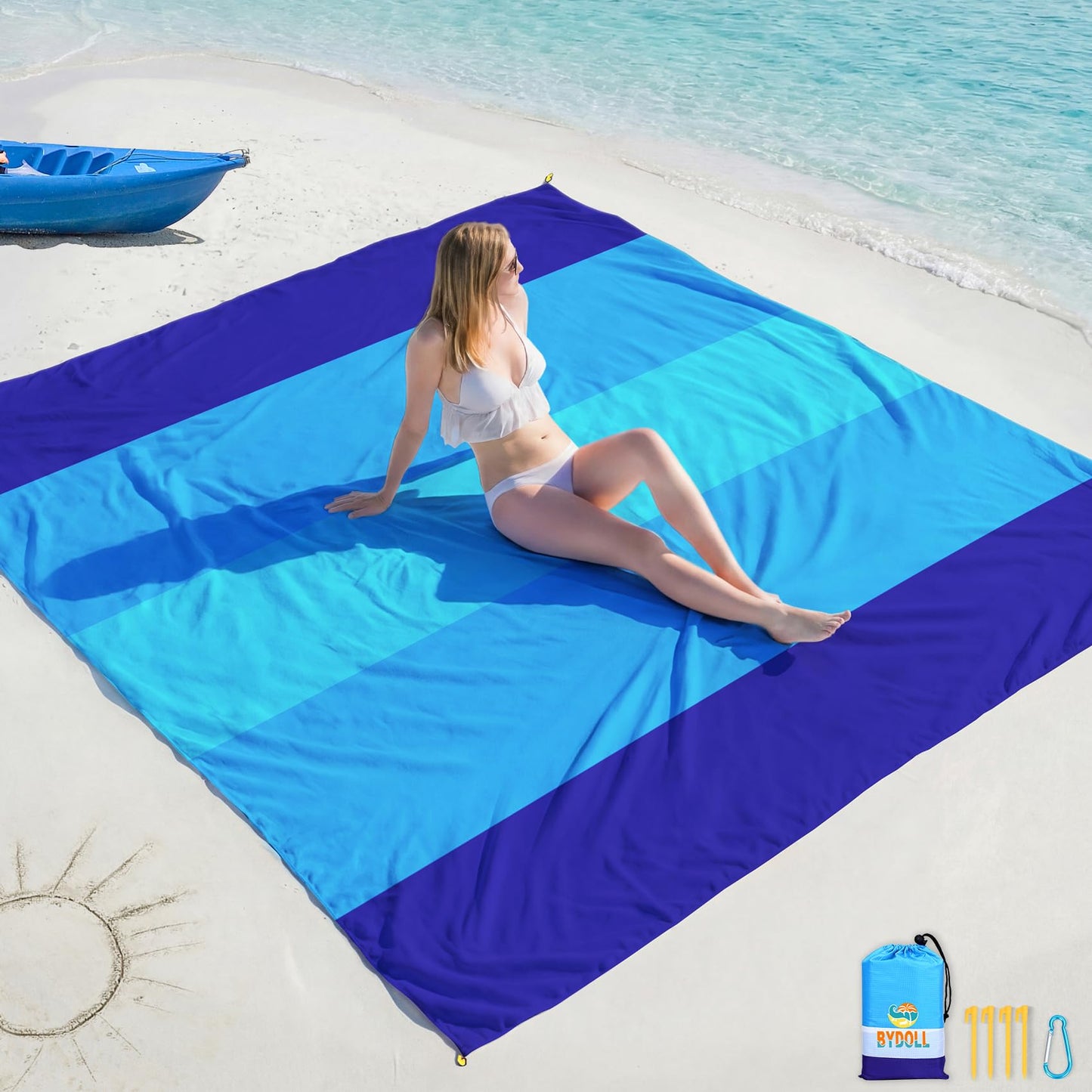 BYDOLL Beach Blanket 78''×81'' 4-7 Adults Oversized Lightweight Waterproof Sandproof Beach Blanket Large Picnic Mat for Travel Camping Hiking Picnic(78" X 81", Blue-Mixed)