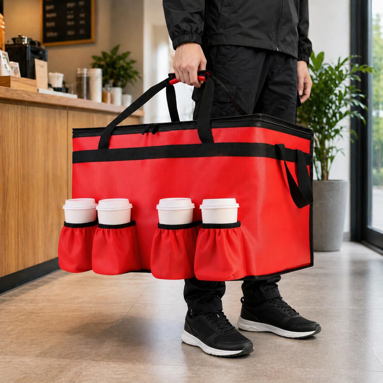 CIVJET Insulated Food Delivery Bag with 4 Cup Holders, XXX-Large Commercial Grade Insulated Grocery Bag, Keep Food Hot/Cold, Heavy Duty Cooler Bag with Drink Carrier, Catering Food Carrier, Red
