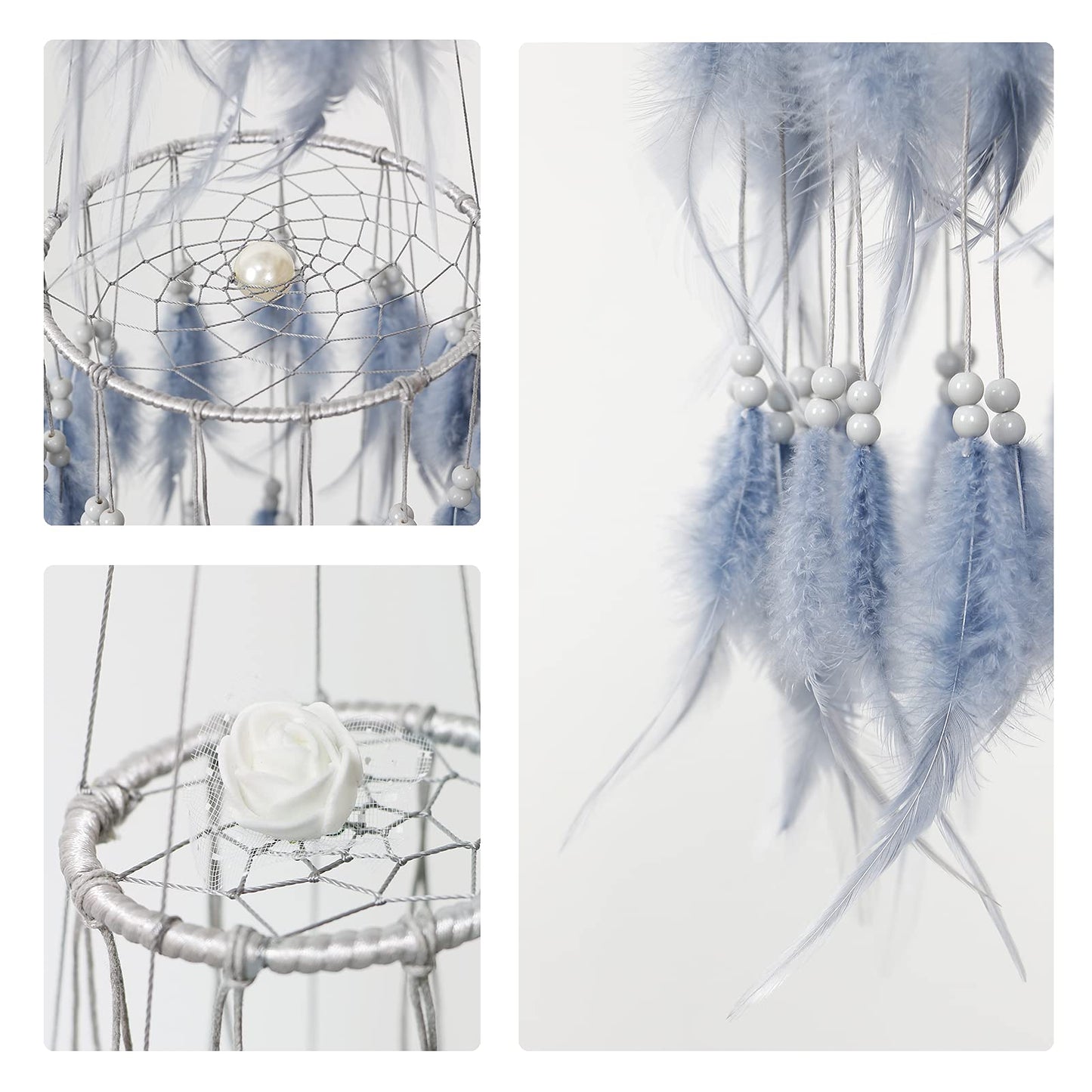 Dremisland Double Circle White Feather Dream Catcher with Mobile LED Fairy Lights Wall Hanging Ornaments Ceiling Decor for Bedroom Decor Wedding Decorations Boho Chic Party Nursery Decor (Grey)