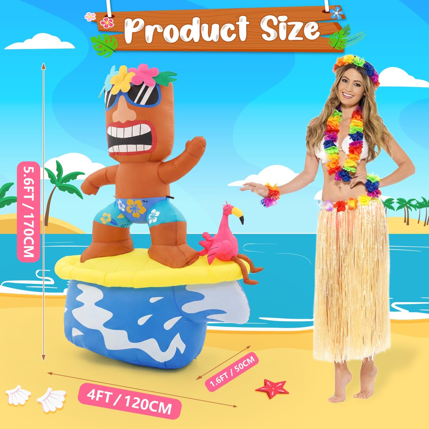 GUDELAK 5FT Flamingo Inflatable Tiki Surfboard Luau Party Decorations, Summer Inflatables Outdoor Decorations with LEDs and Blower, Tiki Blow Up Flamingo for Tropical Beach Pool Summer Yard Decor