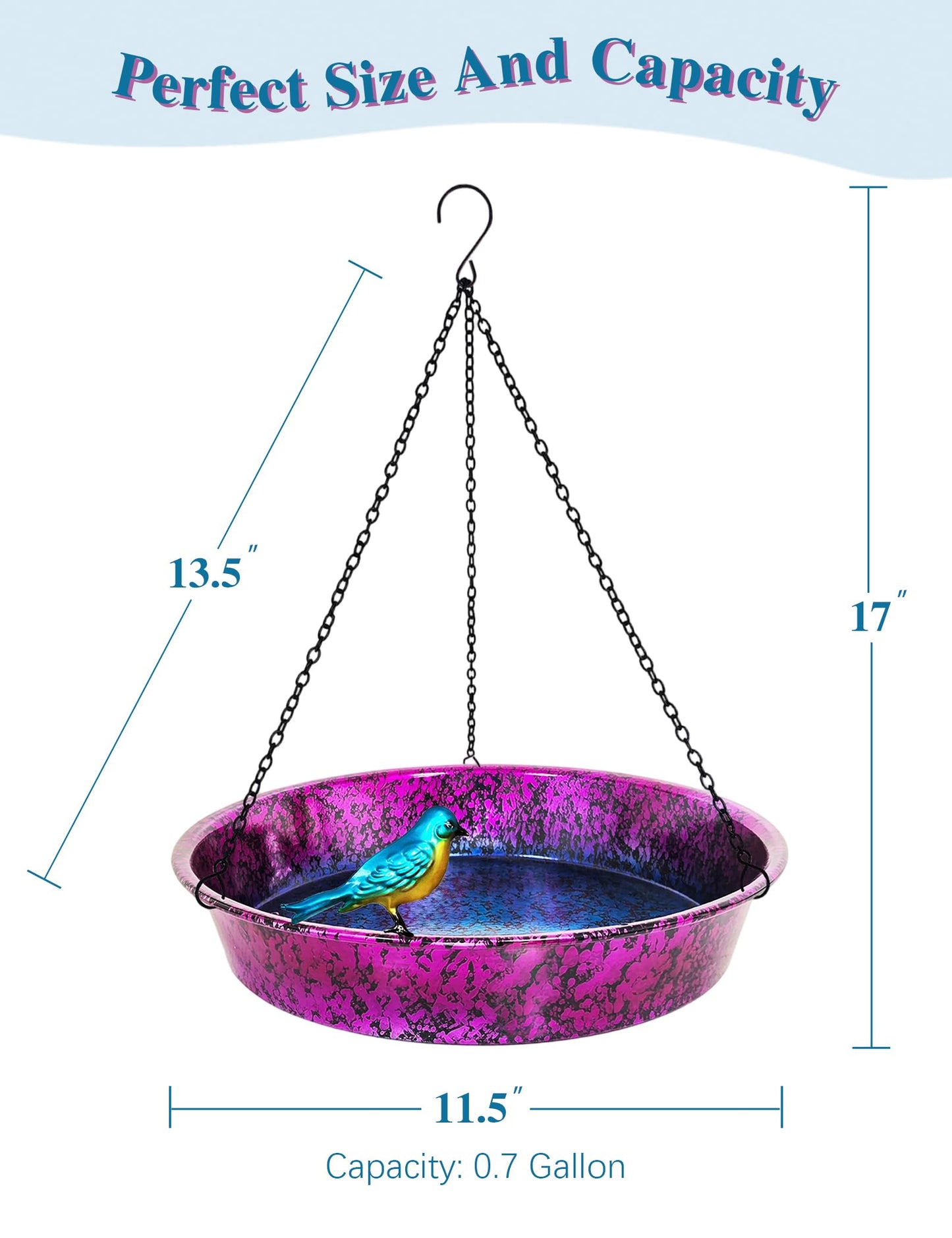 Hanging Bird Bath for Outside, 11.5” Metallic Purple & Blue Metal Birdbath Bowl & Feeder with Black Chain Outdoor Garden Yard Decor
