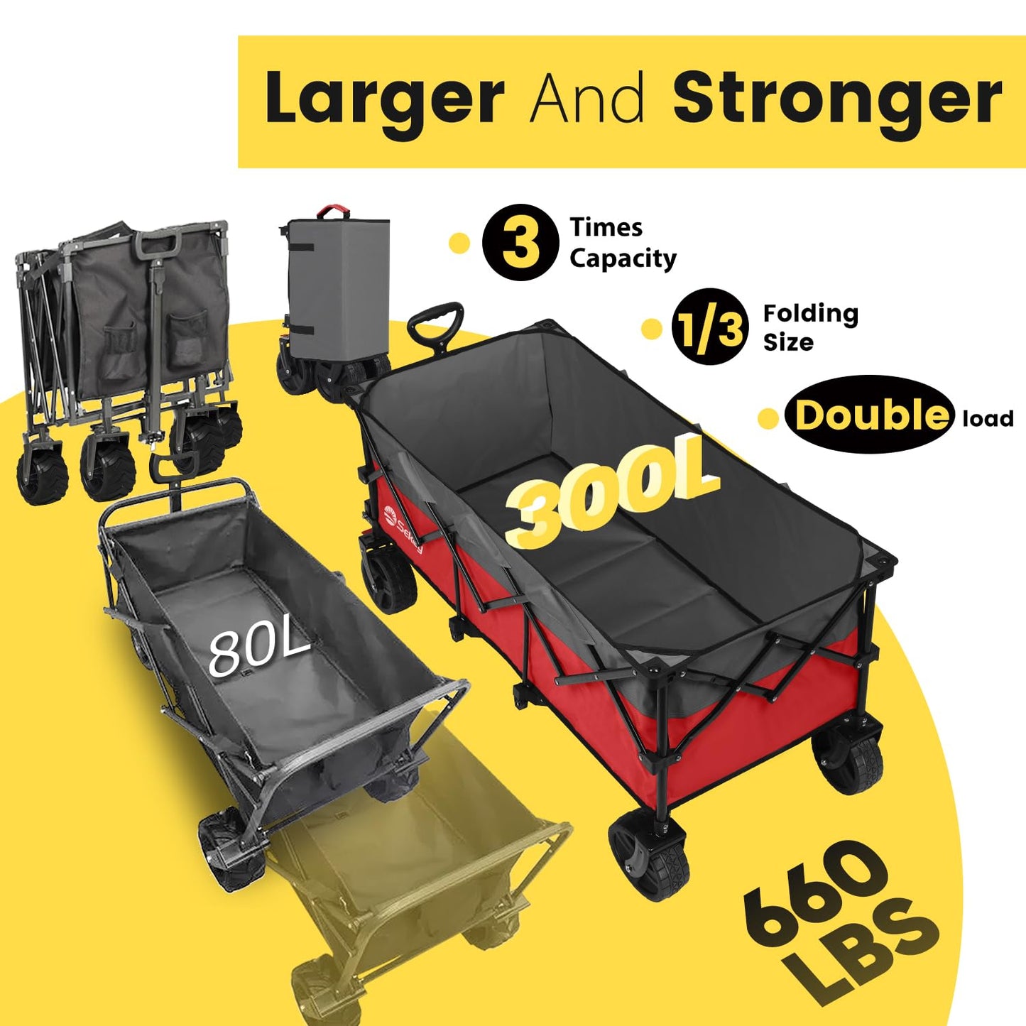 Sekey 48''L Collapsible Foldable Extended Wagon with 660lbs Weight Capacity, Heavy Duty 300L Folding Utility Garden Cart with Big All-Terrain Beach Wheels & Drink Holders. Red&Grey