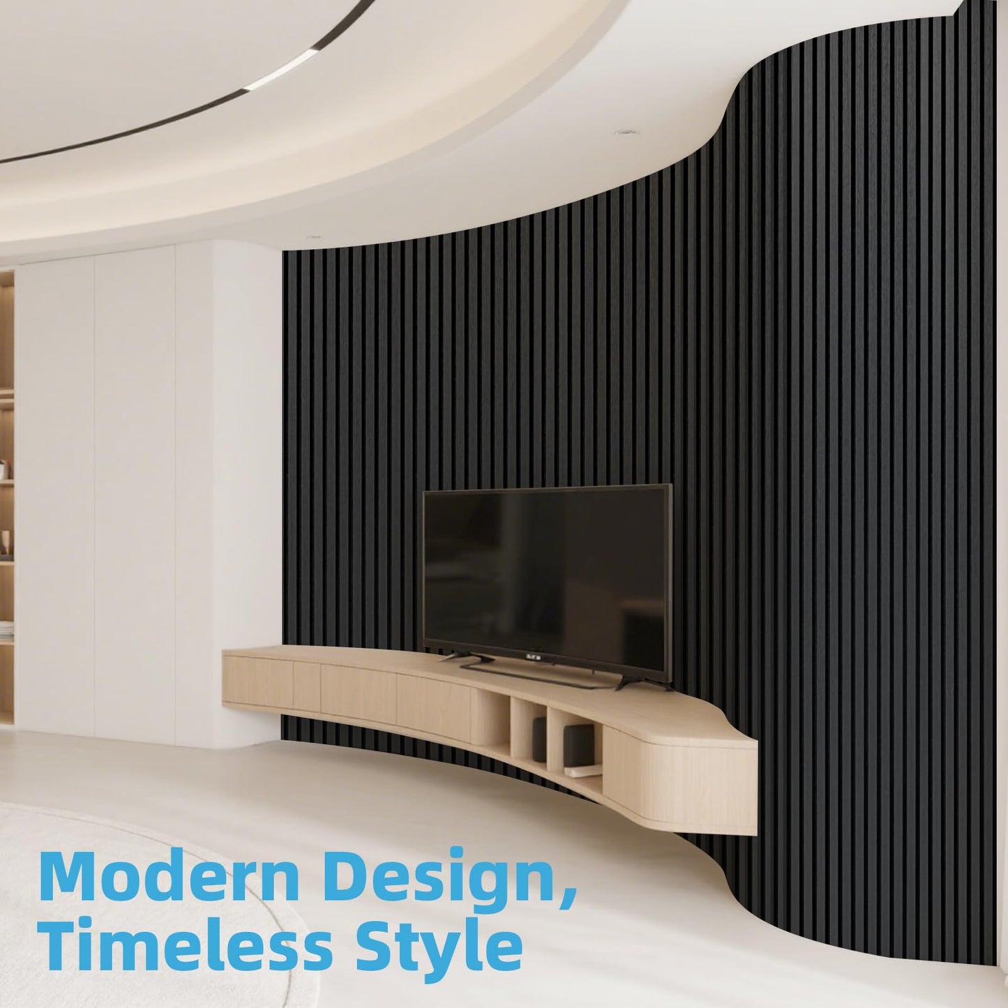 Art3d 1-Pack Acoustic Wood Slat Wall Panel with Roll-Flat Design - 95.3 x 23.8 Inch Sound Absorbing Panels for Living Room Columns Corridor Curved Wall Decor, Blackwood
