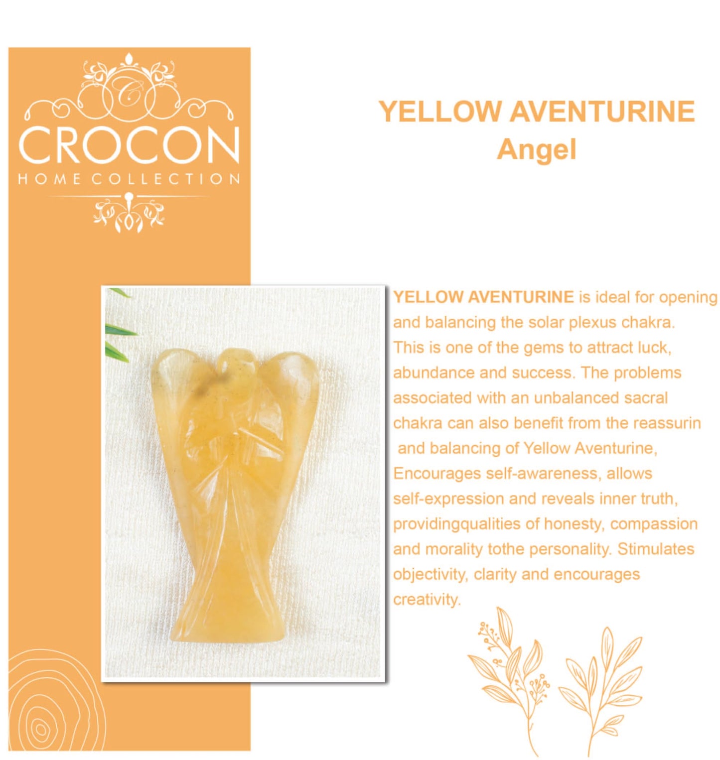 "Yellow Aventurine Gemstone Pocket Angel Healing Figurine, Hand Carved Guardian Angel - Crystals for Positive Energy, Handmade Mini Statue for Love, Peace & Healing, Natural Gemstone Healing Figurine"