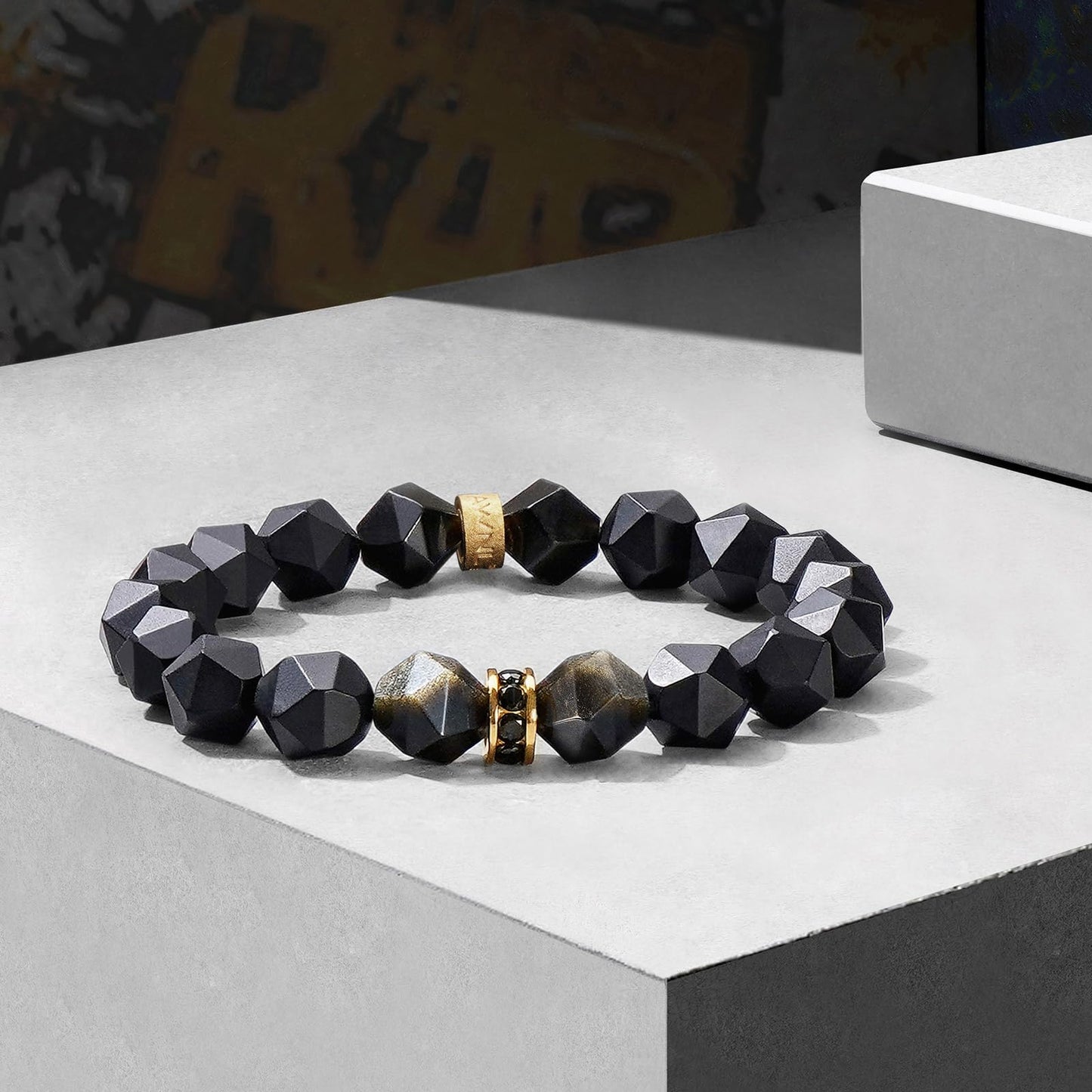 AWNL Men’s 10mm Beaded Bracelet with Onyx Obsidian Bracelet Energy Healing Double Protection Chakra Black Bracelet for Men with Lucky Charms, 6.3'' - 6.7''