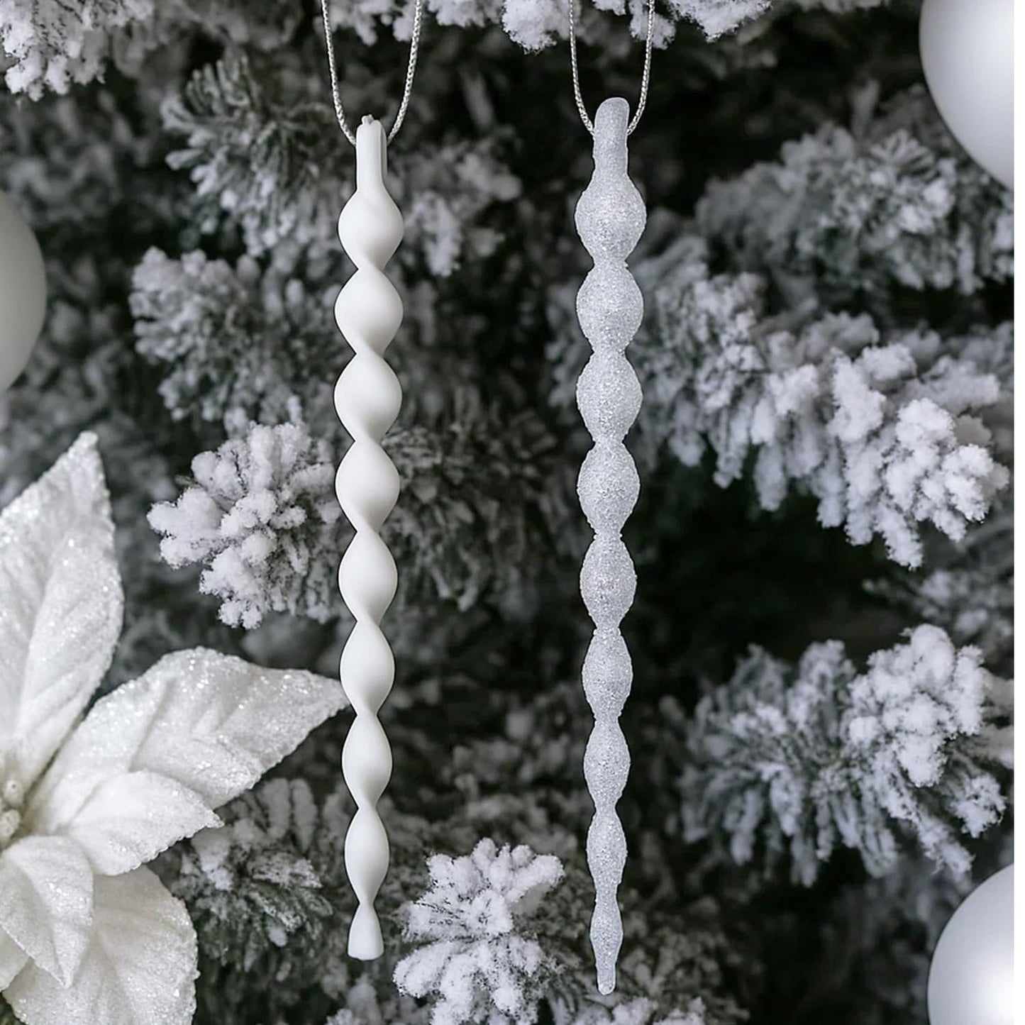 SLEETLY 28-Piece White Christmas Tree Ornaments – 12 Large 3.15” Shatterproof Glitter Snow Balls with 8 Icicles and 8 Snowflakes Set – Elegant Holiday Xmas Decorations for Farmhouse Winter Decor