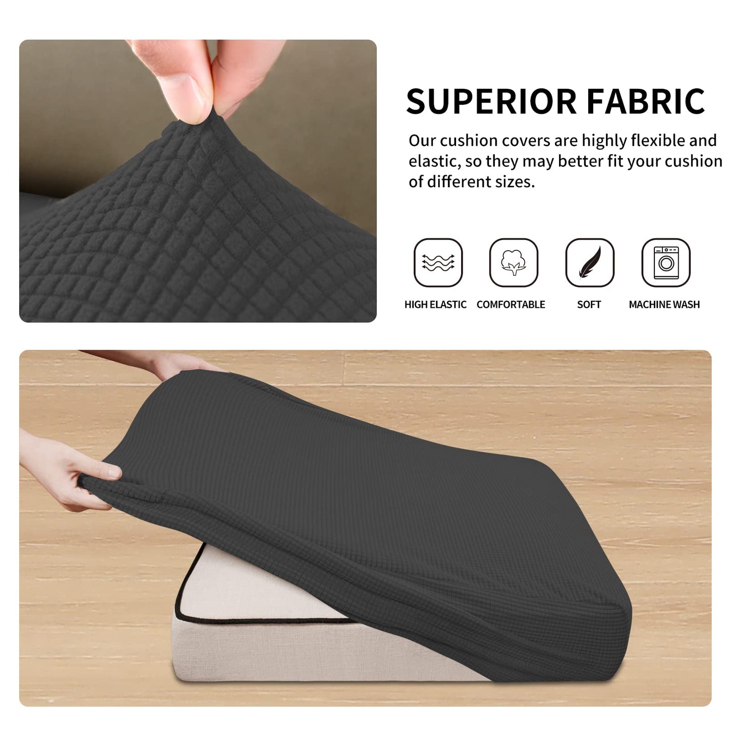 Easy-Going Stretch Individual Chair Couch Cushion Cover Sofa Cushion Furniture Protector Sofa slipcover Soft Flexibility with Elastic Bottom (3-Piece Sofa Cushion Cover, Dark Gray)