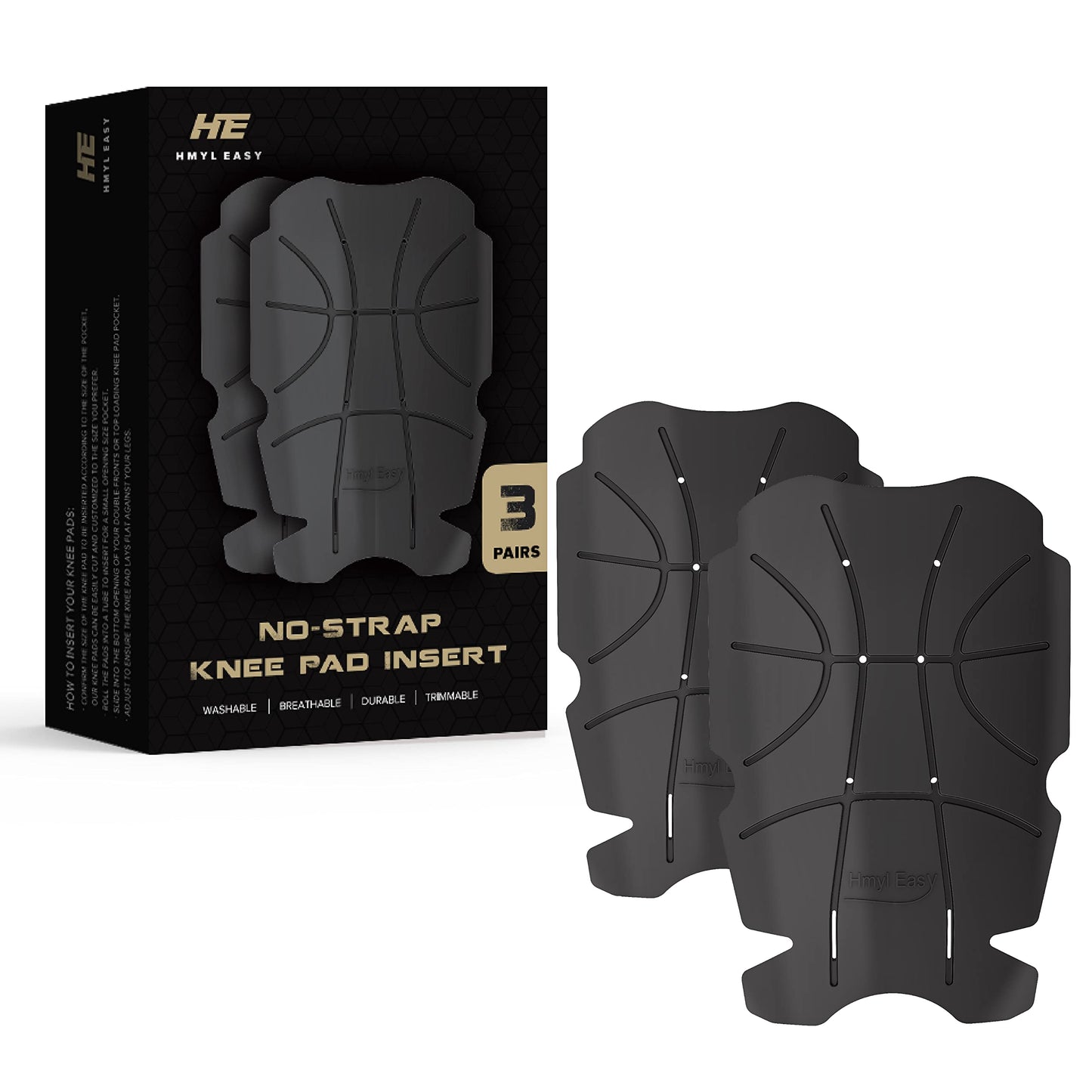 Hmyl Easy Knee Pad Insert for Work Pants/Bibs, Uniforms, and Tactical Pants, Breathable Knee Pad Inserts for Construction, Flooring, Gardening,and Garage, 11.5''×7.9''×0.45'', BLACK, 3 Pairs