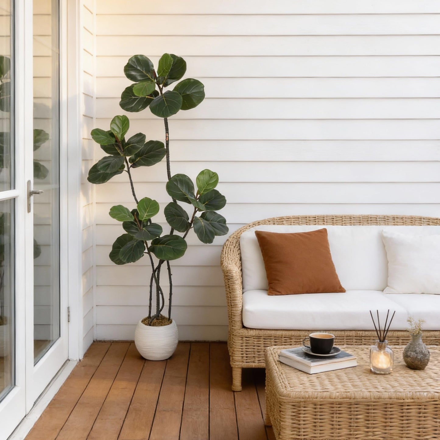 GarveeHome 5FT Artificial Ficus Lyrata Tree, Bendable Boughs, Modern White Pot Included, Perfect for Home Office Living Room Decor Indoor, Tall Artificial Tree for Housewarming Gift