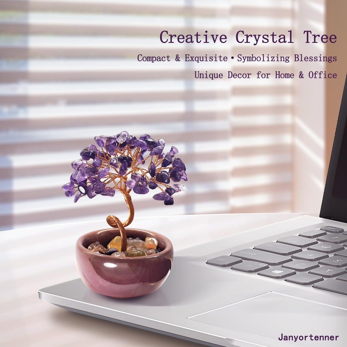 Janyortrenner Mini Amethyst Crystals Tree of Life,Mystical Energy Home Office Desk Decor,Handmade Crystal with Copper Wire and Crackle Glaze Base,Spiritual Gift