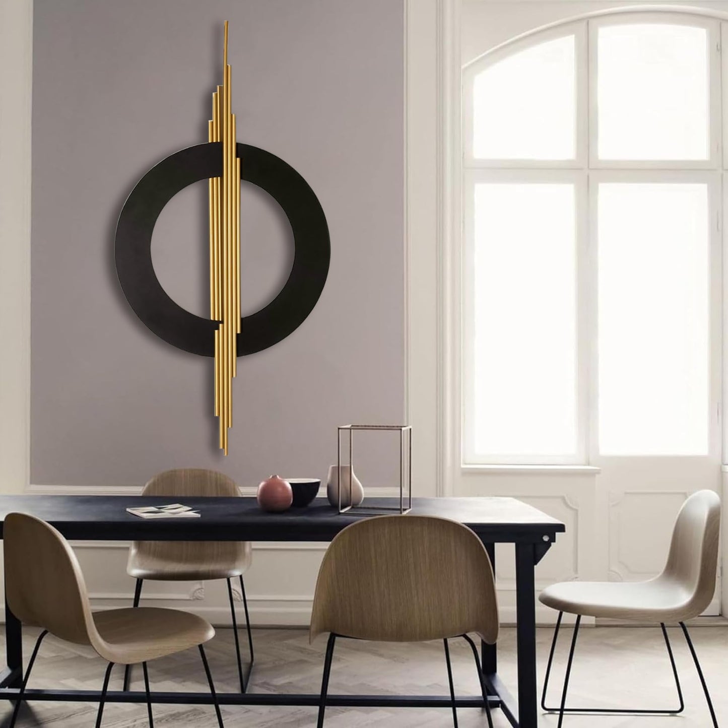 JFUJFU Large Black And Gold Metal Art 3d Wall Decor with Geometric Round & Line for Living Room & Bedroom