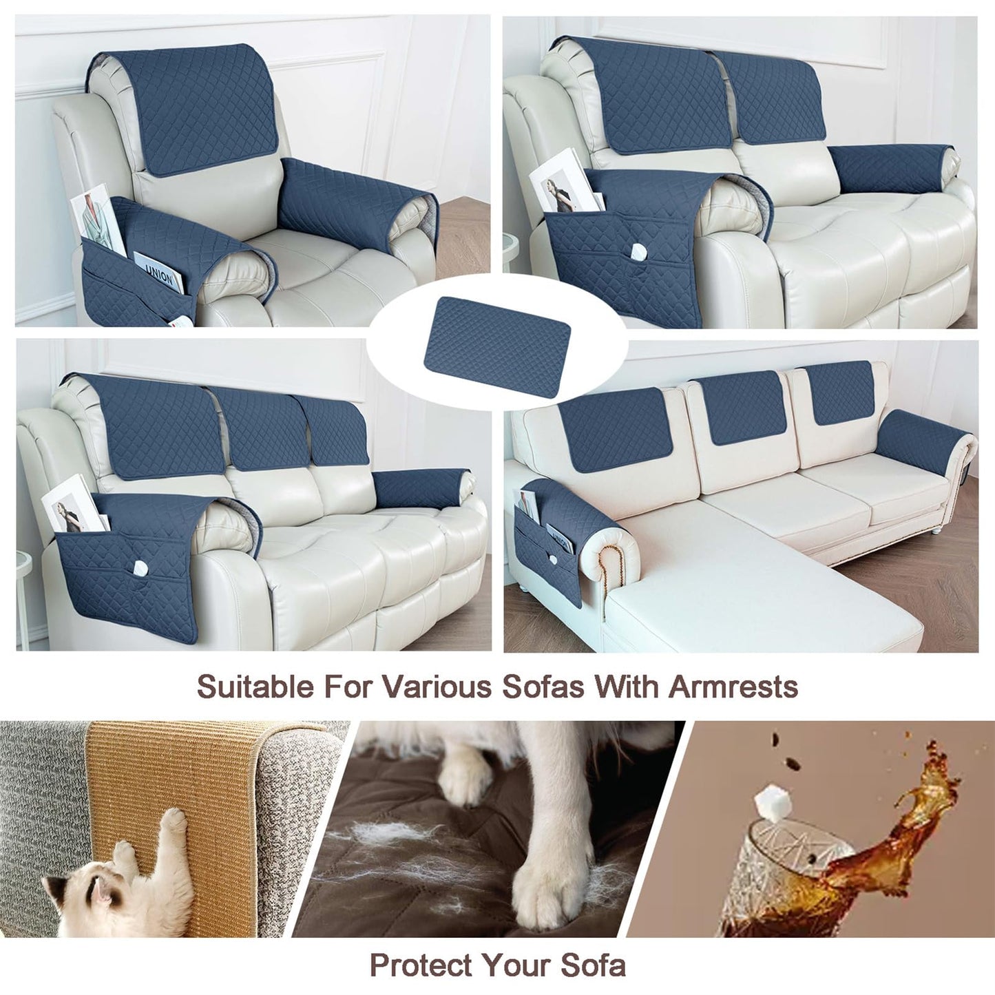 ZGDDPZA Waterproof Sofa Armrest Cover Headrest Cover with Side Pocket Non-Slip Couch Protector for Armchairs, Chairs, and Sofas (Berlin Blue,1 Seater 3PCS)