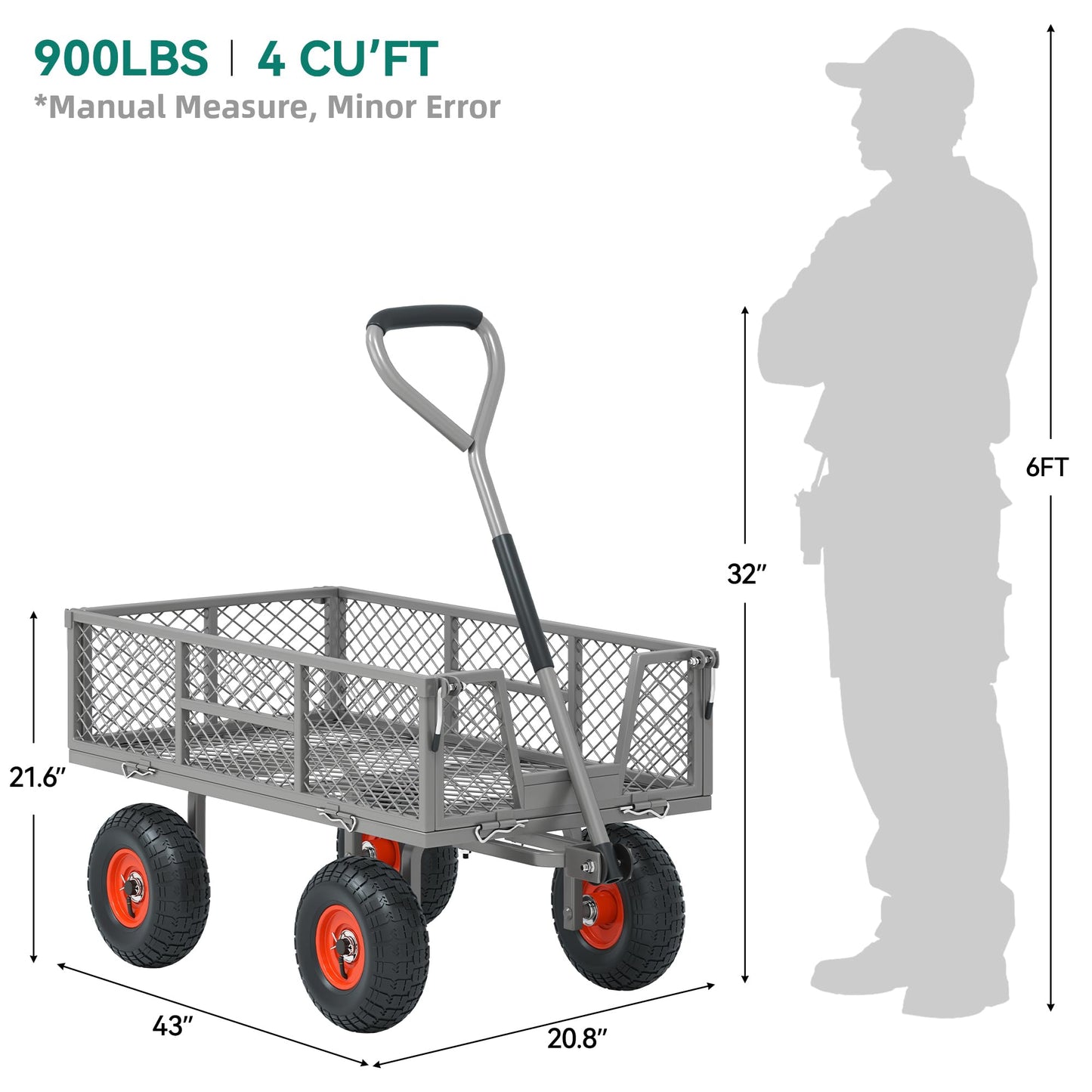 Autodaya Heavy Duty 900 lbs Capacity Garden Cart Wagon with 10" Pneumatic Tires & Removable Mesh Sides - 180° Rotating Handle, 4 Cu.Ft Utility Wagon for Yard, Garden, Hauling, All Terrain Outdoor Use